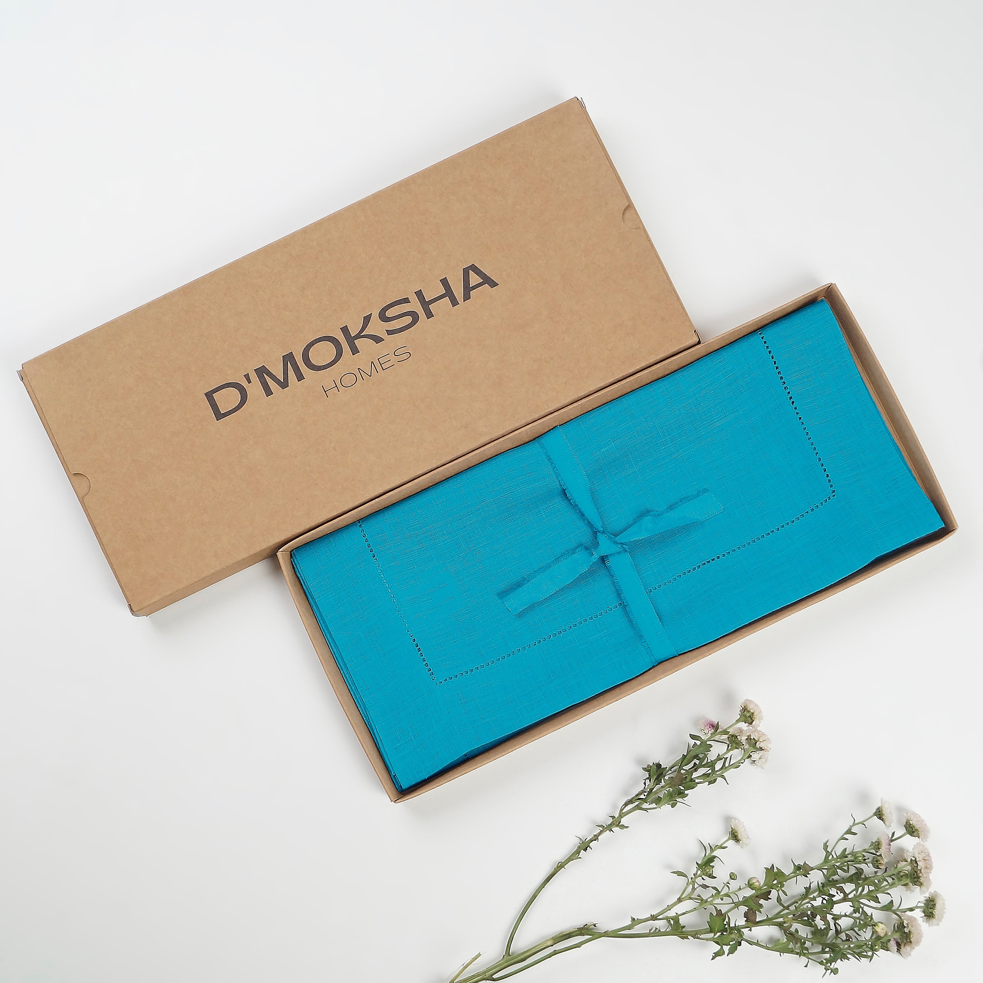 Cyan Blue Pure Linen Table Runner - Hemstitch