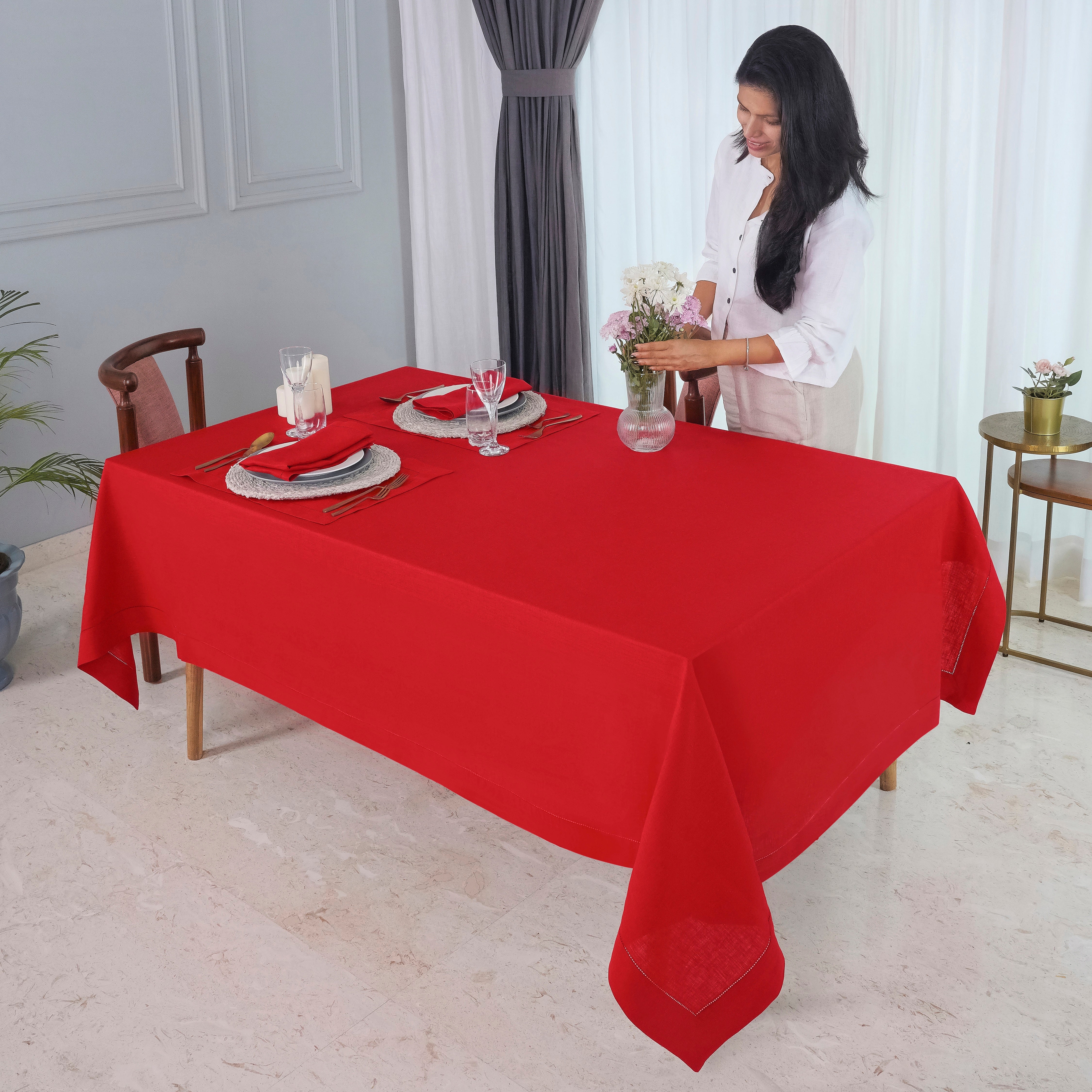 Bright Red Linen Tablecloth, Hemstitch