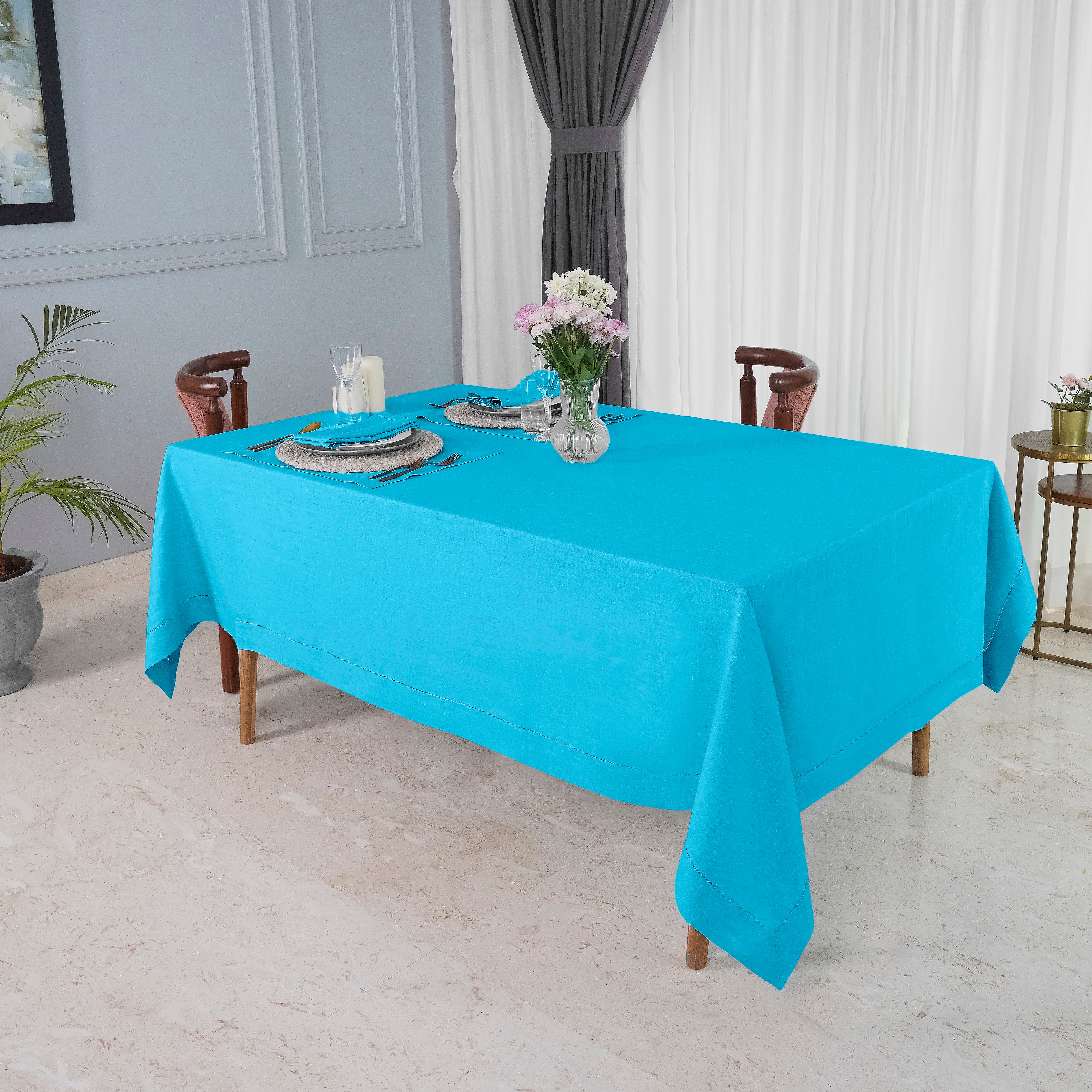 Cyan Blue Linen Tablecloth, Hemstitch