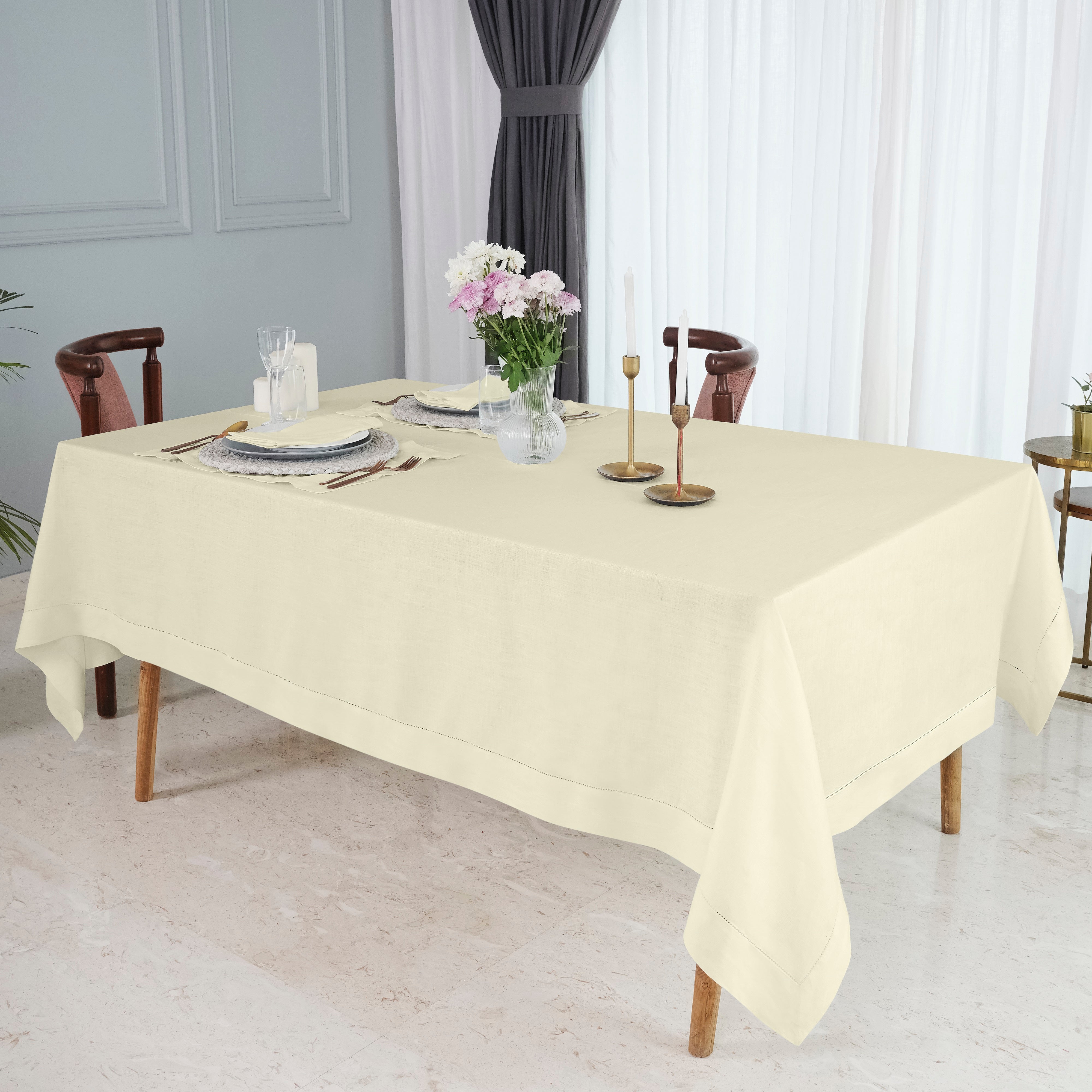 Cream Linen Tablecloth, Hemstitch