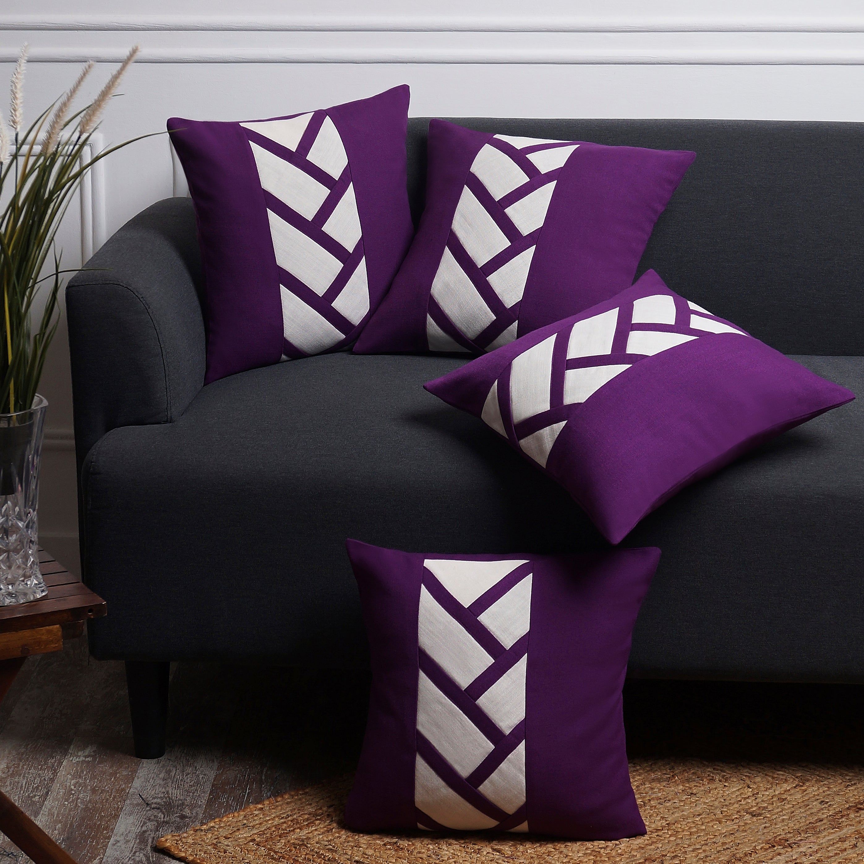 Crosshatch Pillow Cover - Purple and Ivory