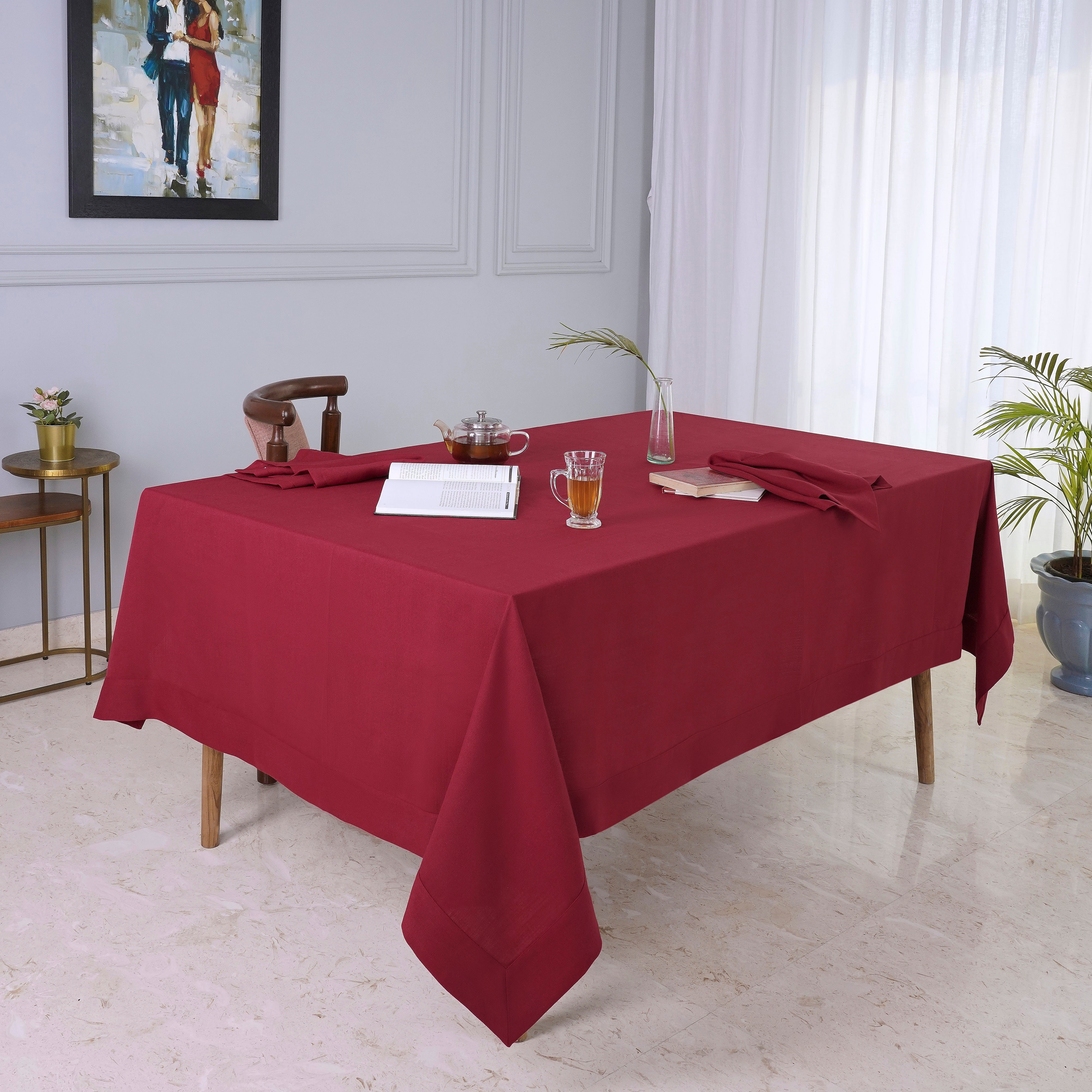 Red Tablecloth, Faux Linen, Mitered Corner