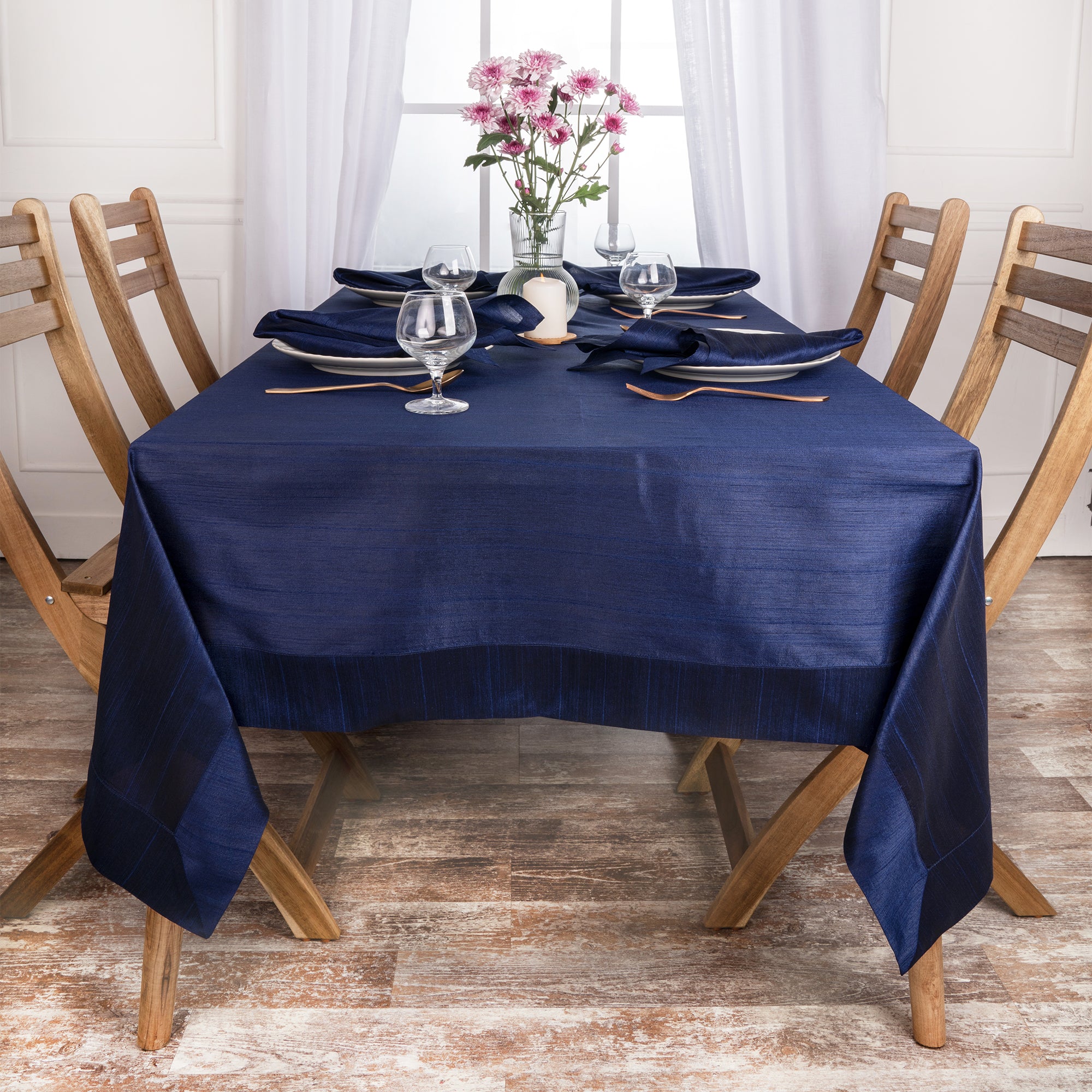 Navy Blue Vegan Silk Tablecloth, Mitered Corner