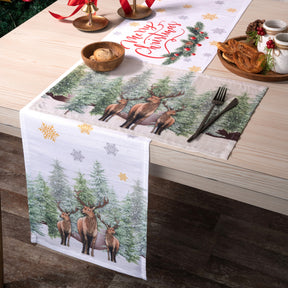 Reindeer & Pine Tree Vegan Silk Table Runner - Christmas Print