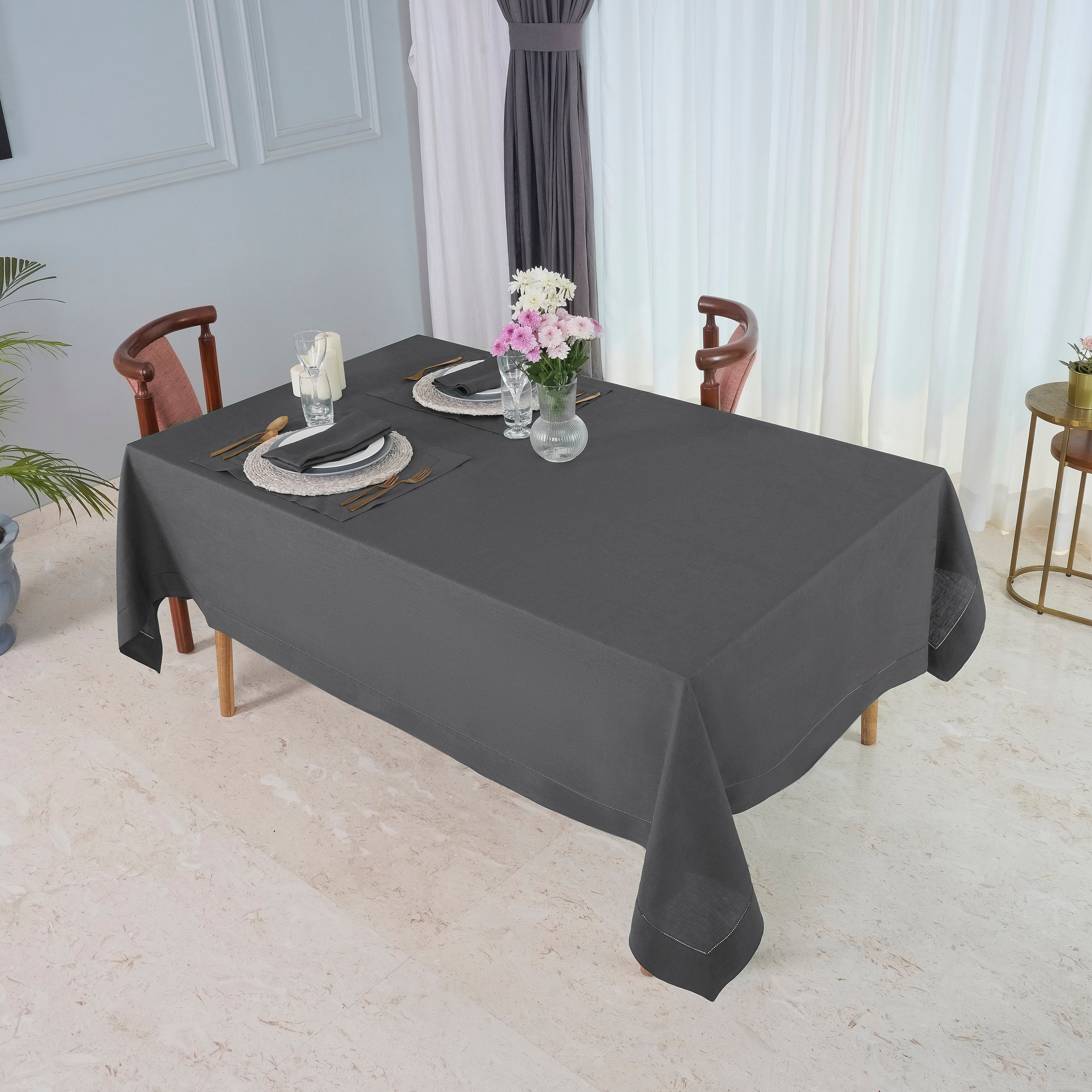 Charcoal Grey Pure Linen Tablecloth, Hemstitch