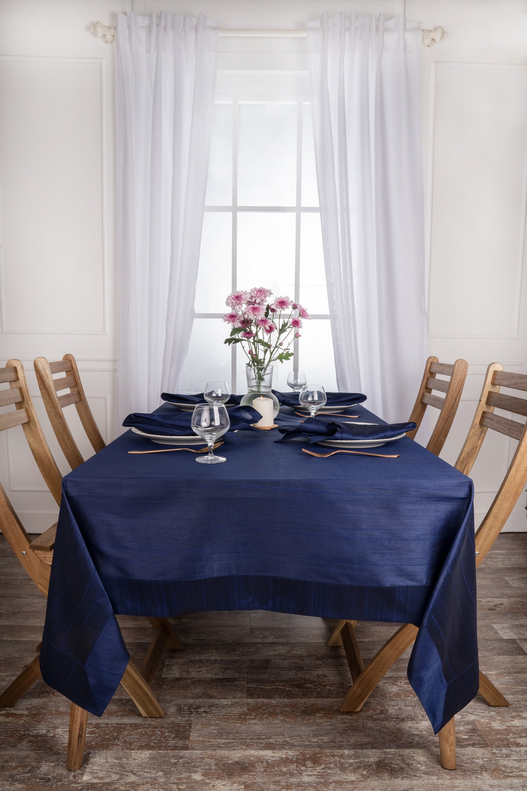 Navy Blue Raw Silk Textured Tablecloth - Mitered Corner