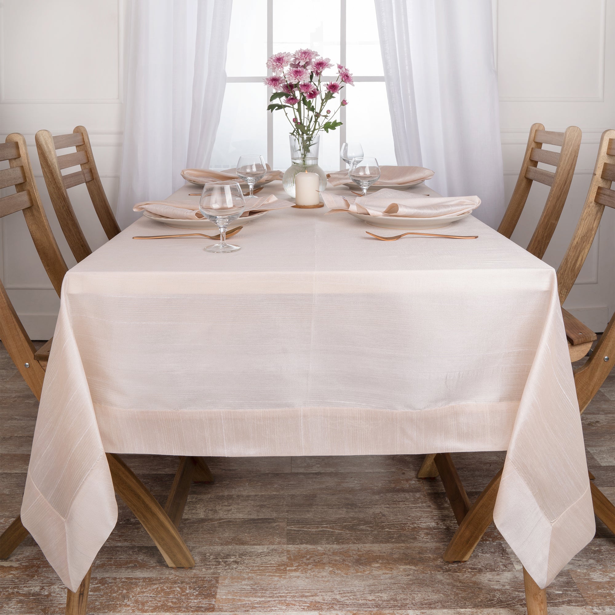 Light Natural Vegan Silk Tablecloth, Mitered Corner