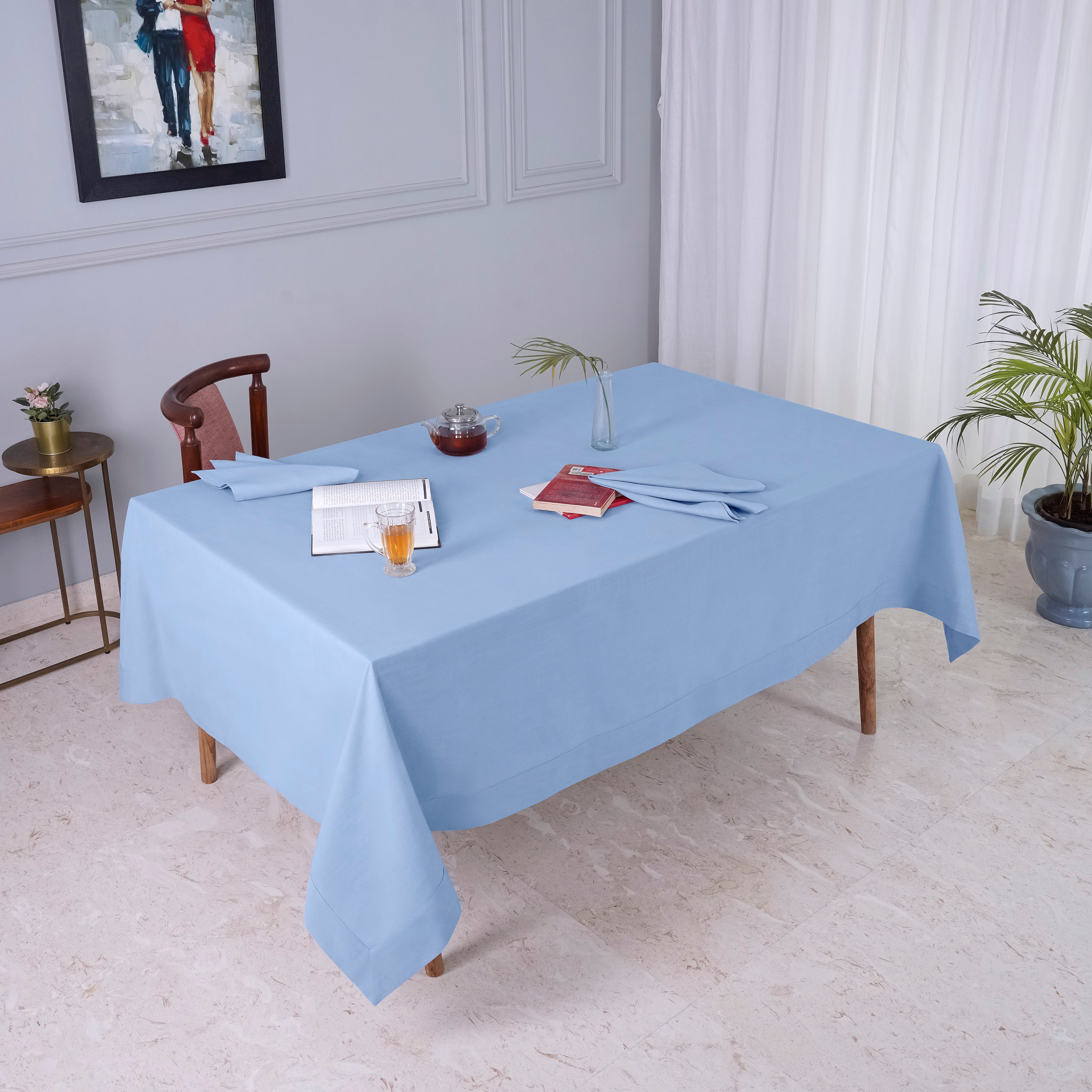 Light Blue Tablecloth, Faux Linen, Mitered Corner