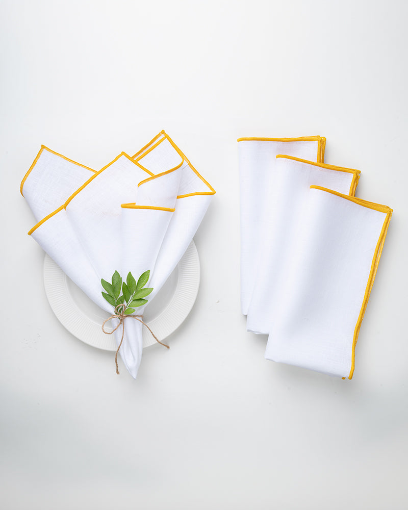 White & Yellow Linen Dinner Napkins 20 x 20 Inch Set of 4 - Marrow Edge