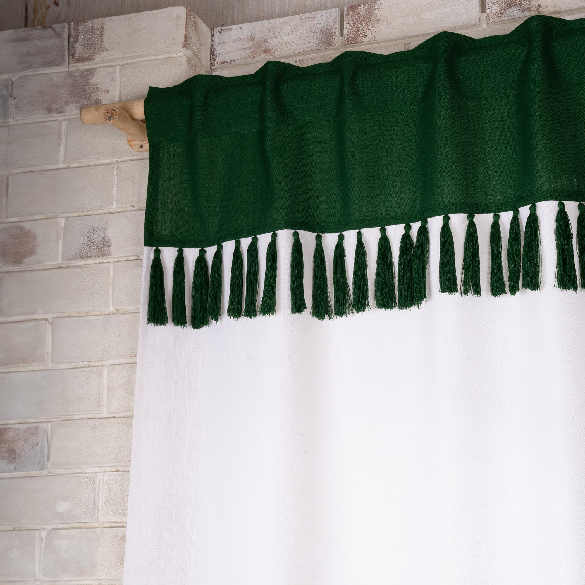 Forest Green and White Faux Linen Tassel Curtain