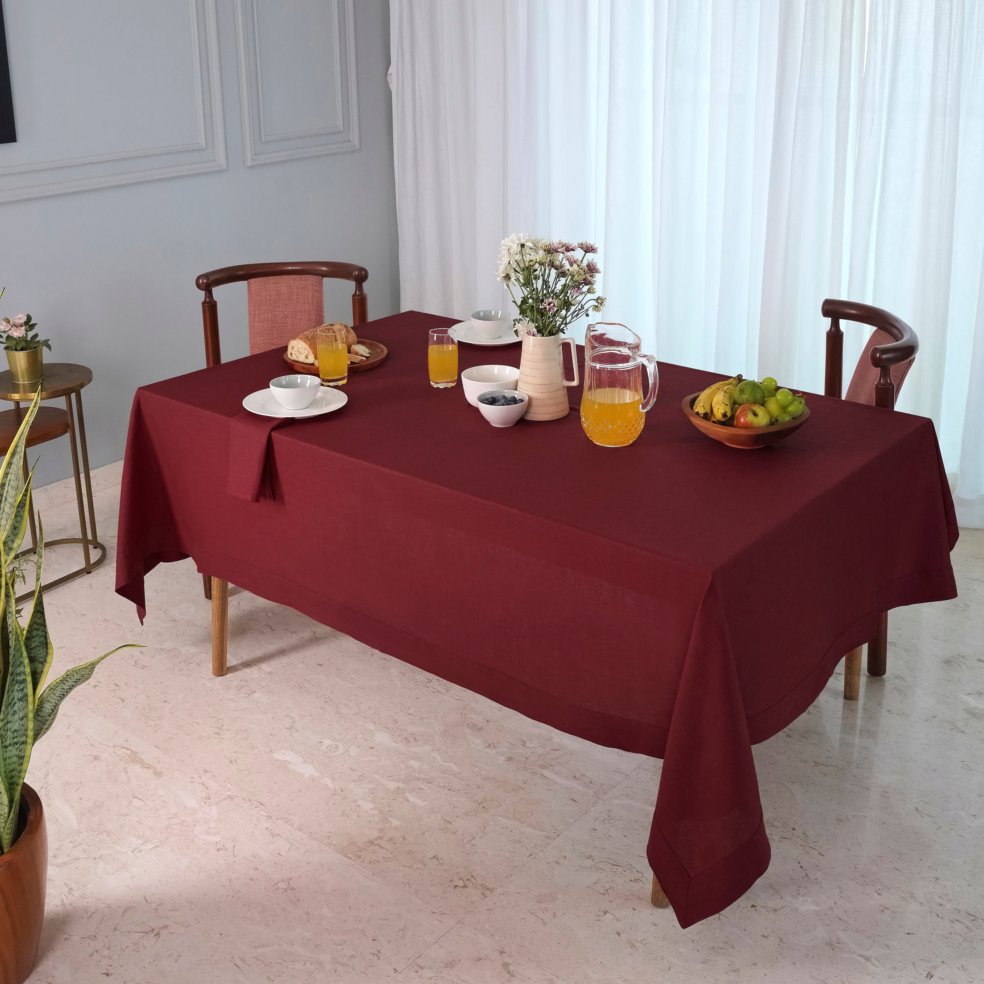 Dark Red Linen Tablecloth, Hemmed