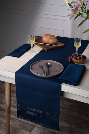Navy Blue Linen Textured Table Runner - Hand Hemstitch