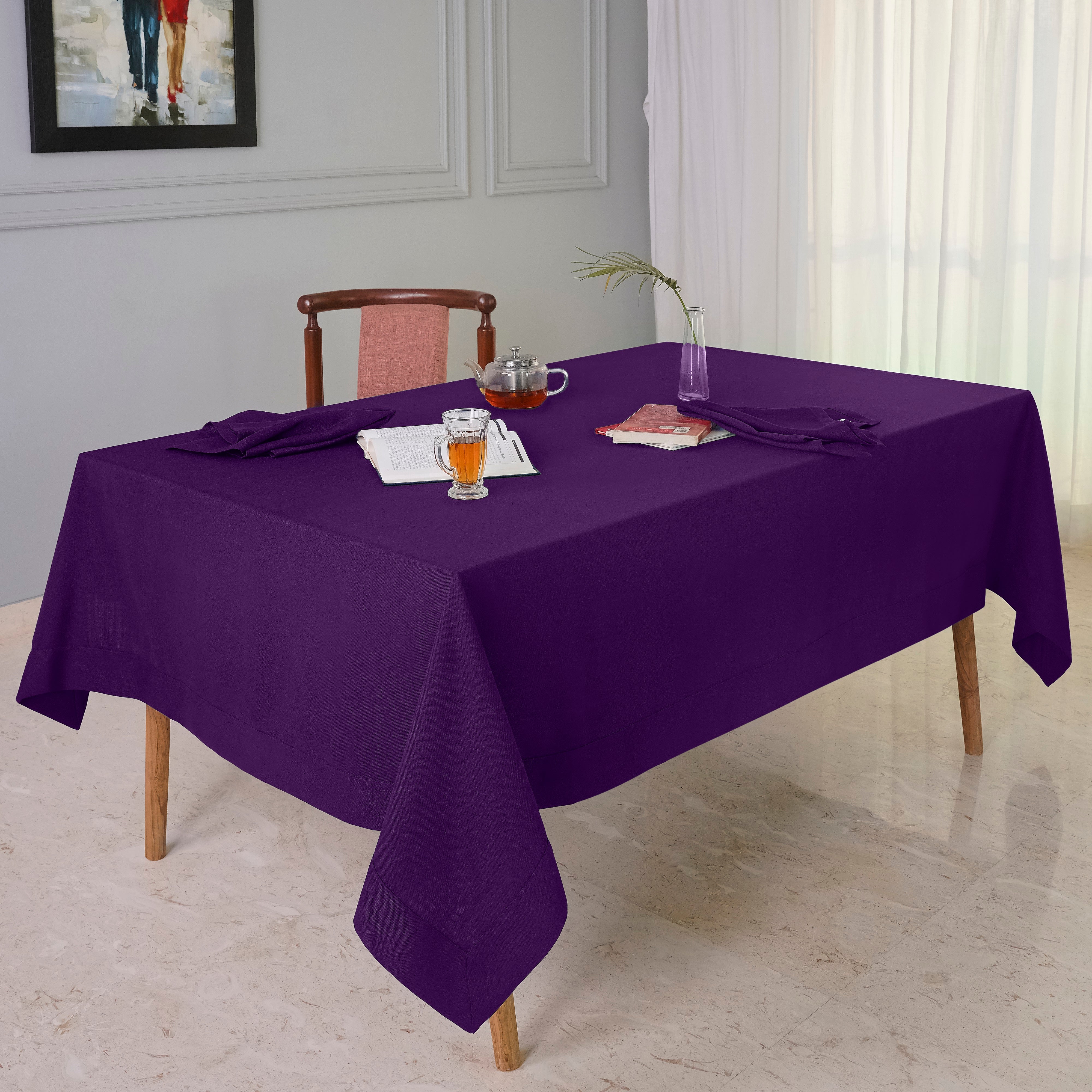 Purple Tablecloth, Faux Linen, Mitered Corner