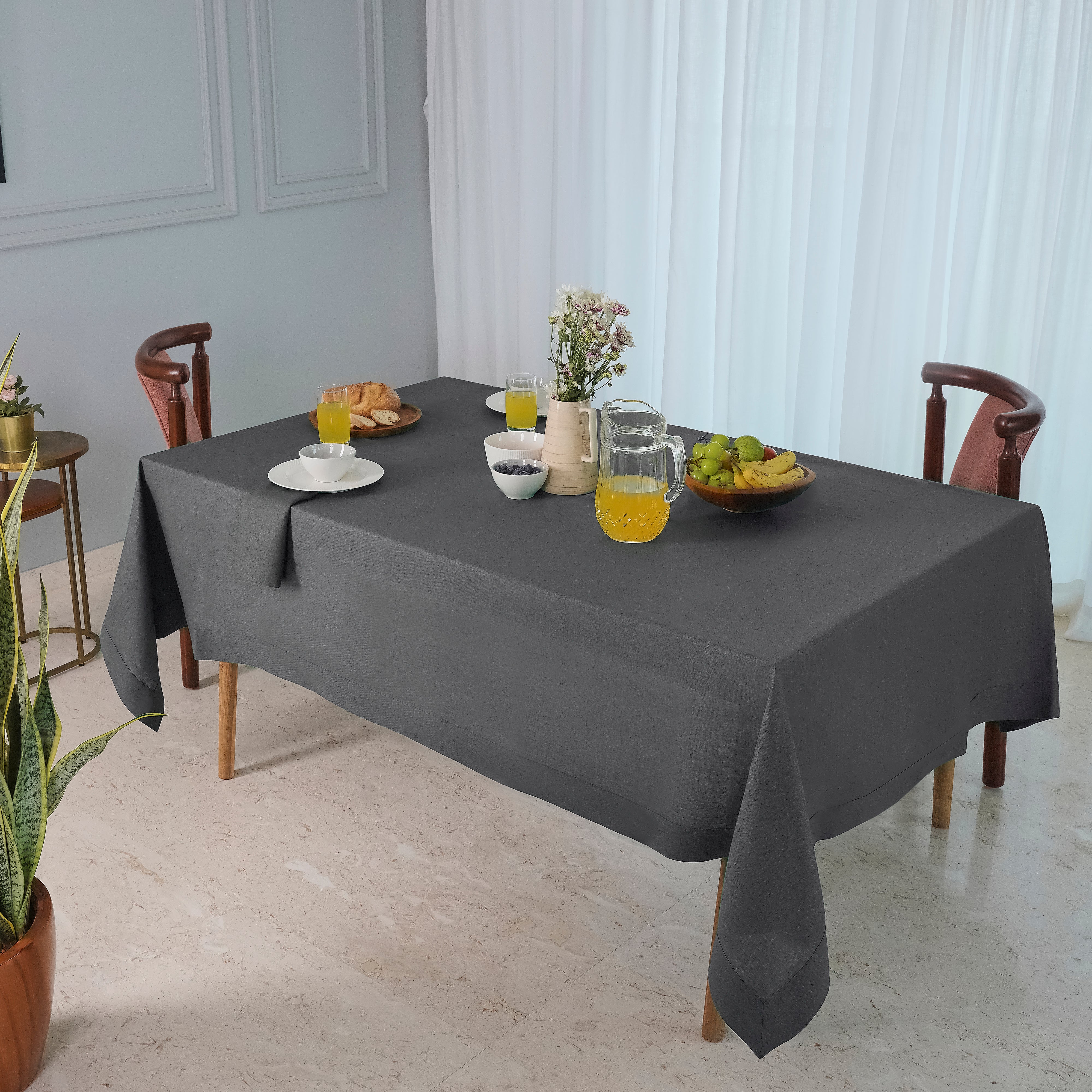 Charcoal  Grey Linen Tablecloth, Hemmed