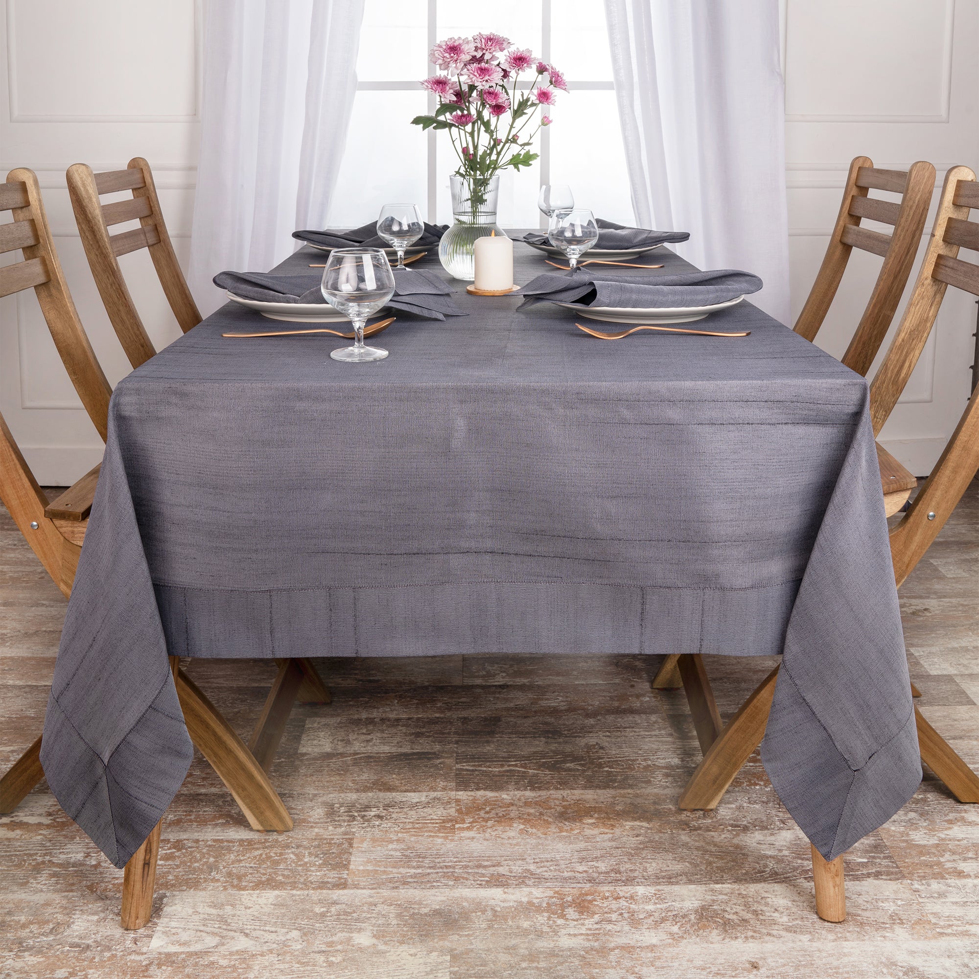 Charcoal Grey Vegan Silk Tablecloth, Mitered Corner