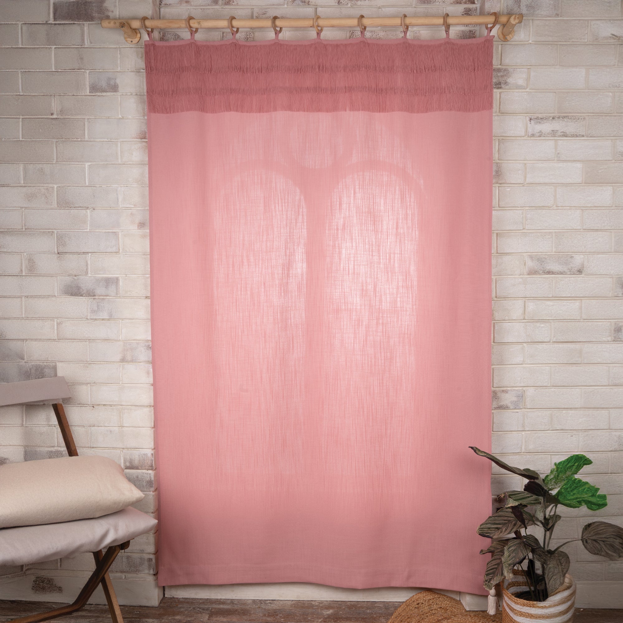 Dusty Pink Faux Linen Three Layer Fringe Curtain