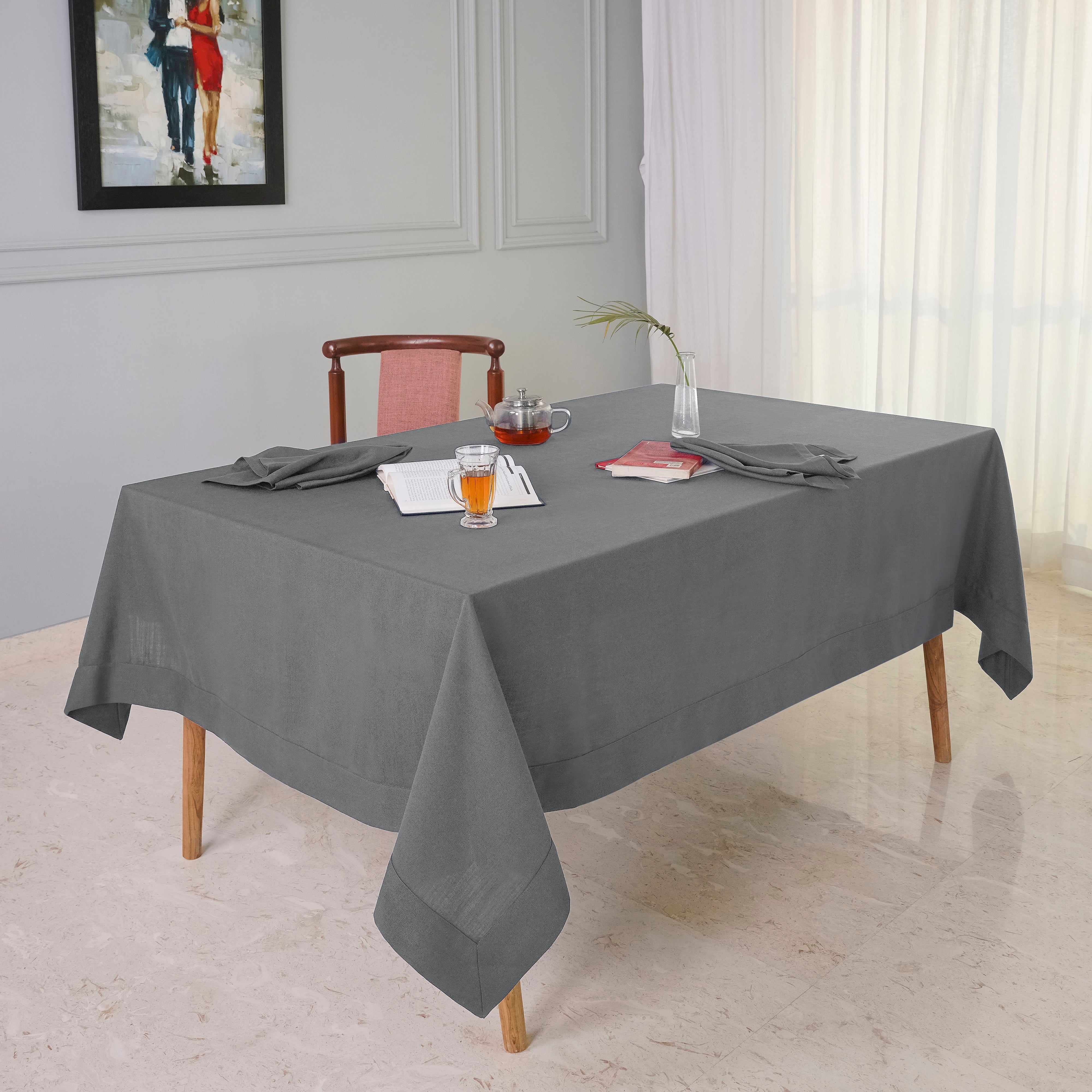 Charcoal Grey Tablecloth, Faux Linen, Mitered Corner