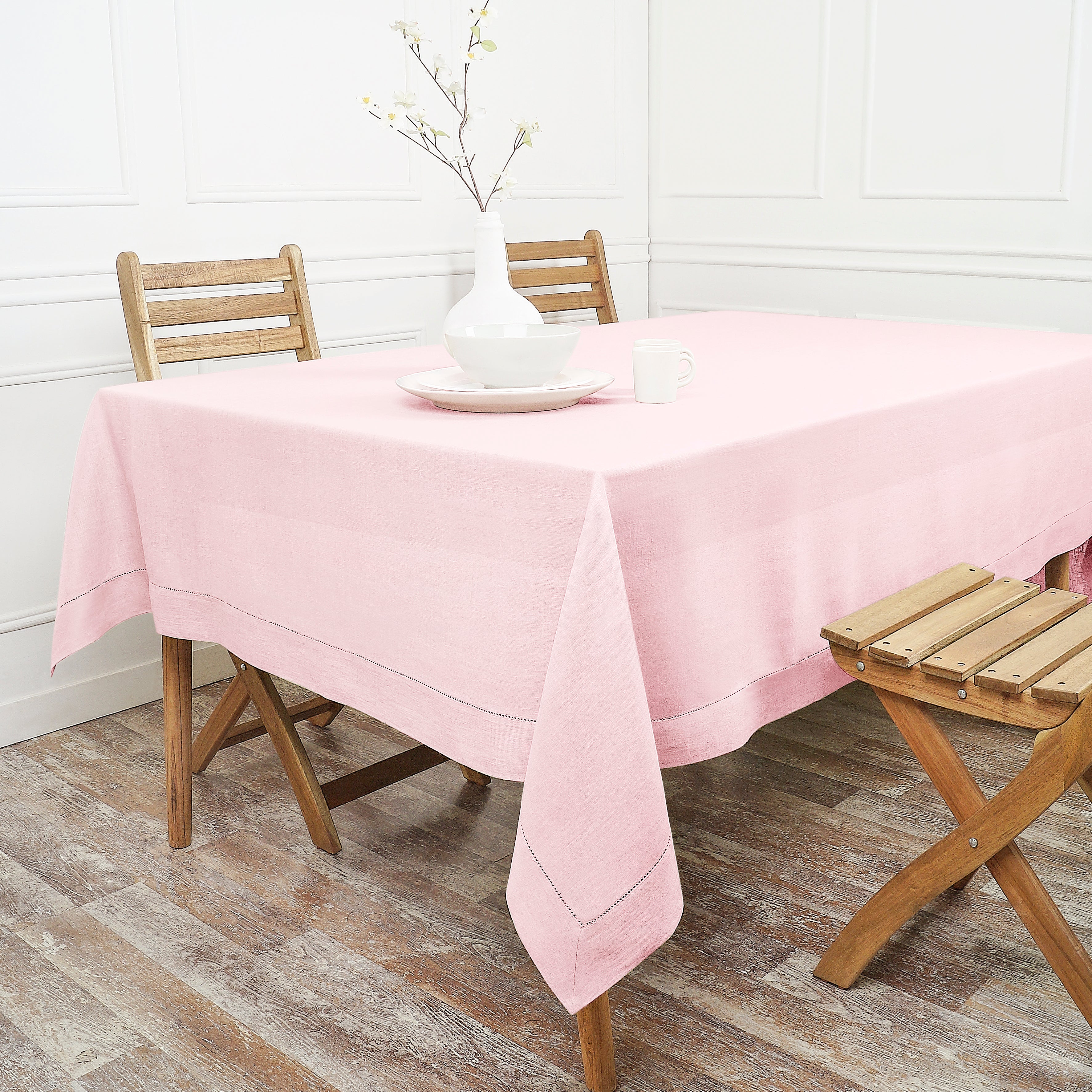 Pastel Pink Linen Tablecloth, Hemstitch