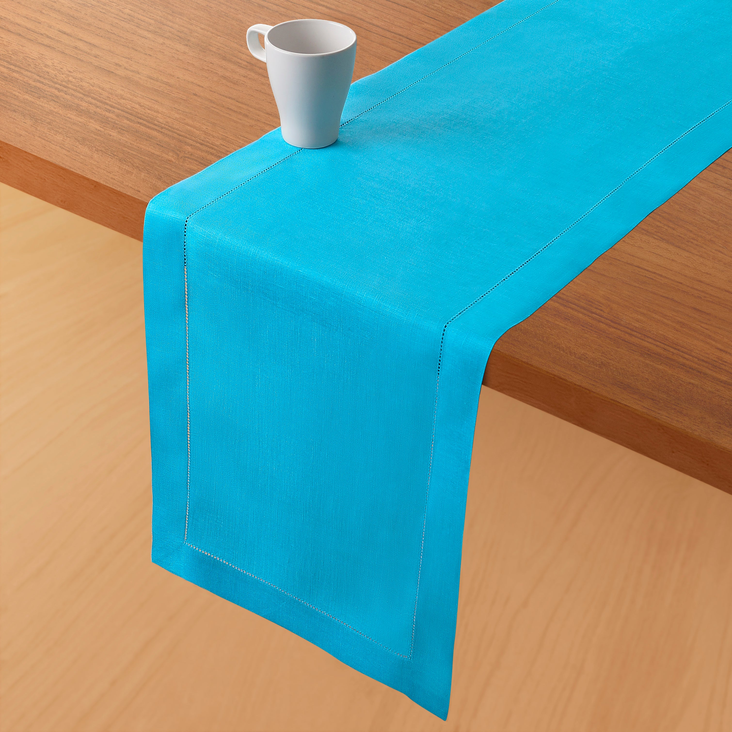 Cyan Blue Linen Table Runner, Hemstitch