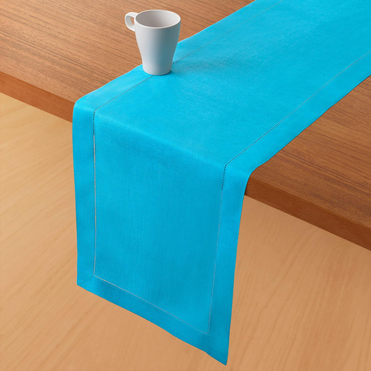 Cyan Blue Linen Table Runner - Hemstitch