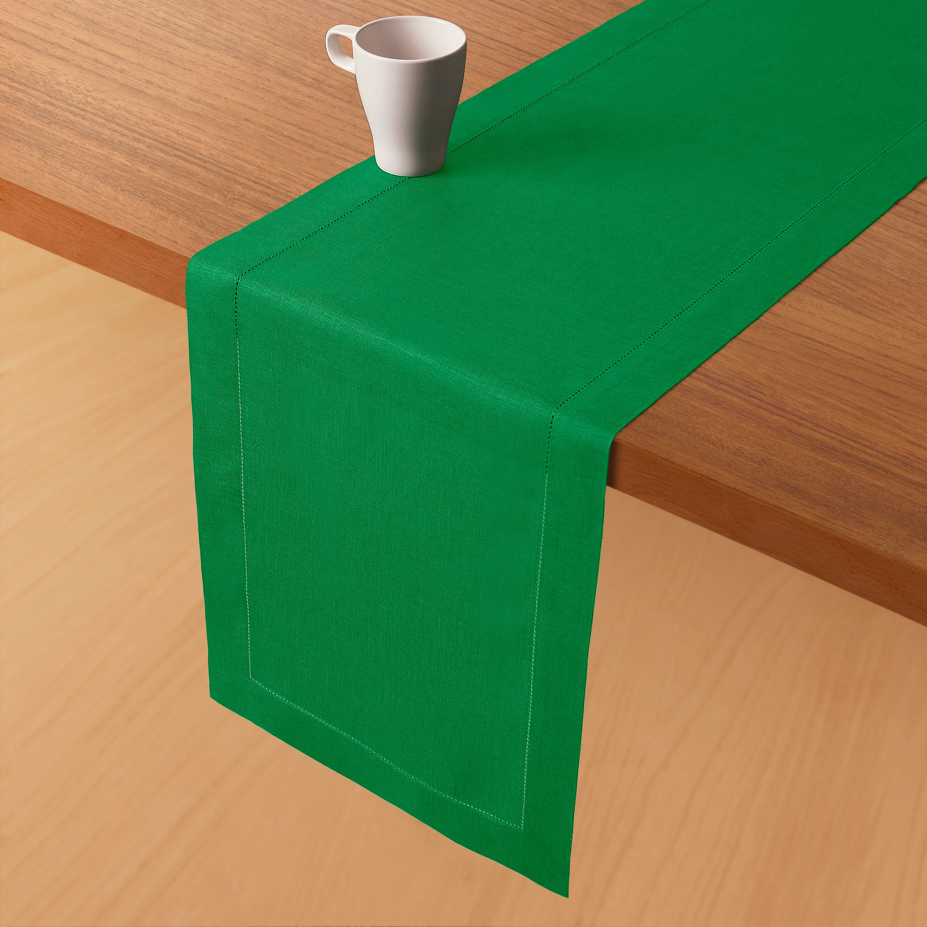 Kelly Green Linen Table Runner, Hemstitch