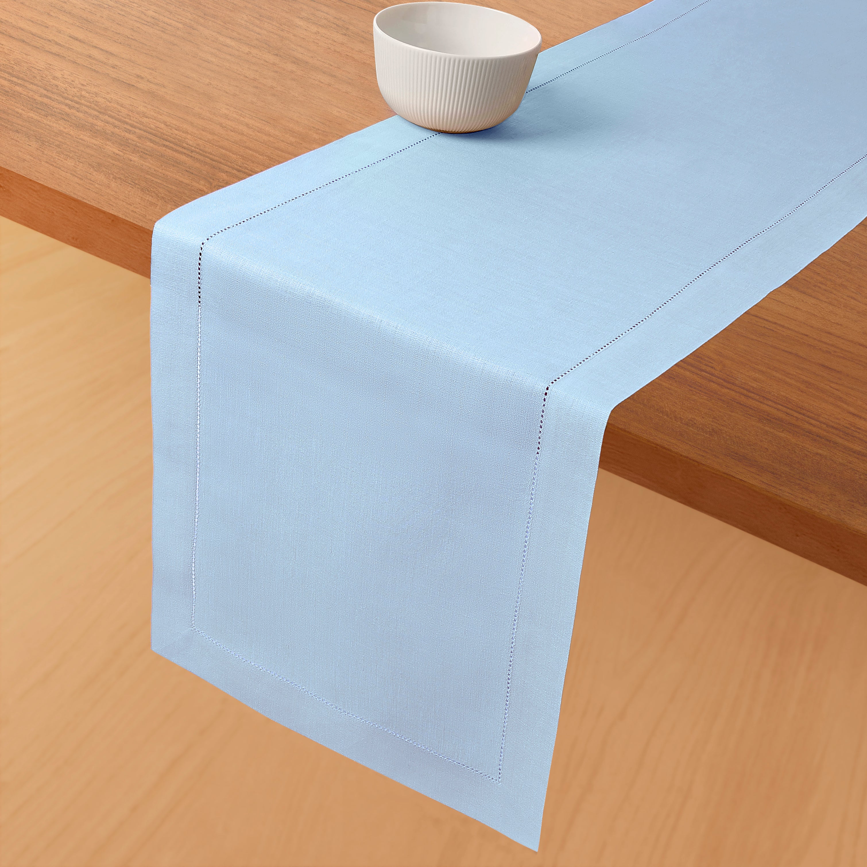 Powder Blue Linen Table Runner, Hemstitch