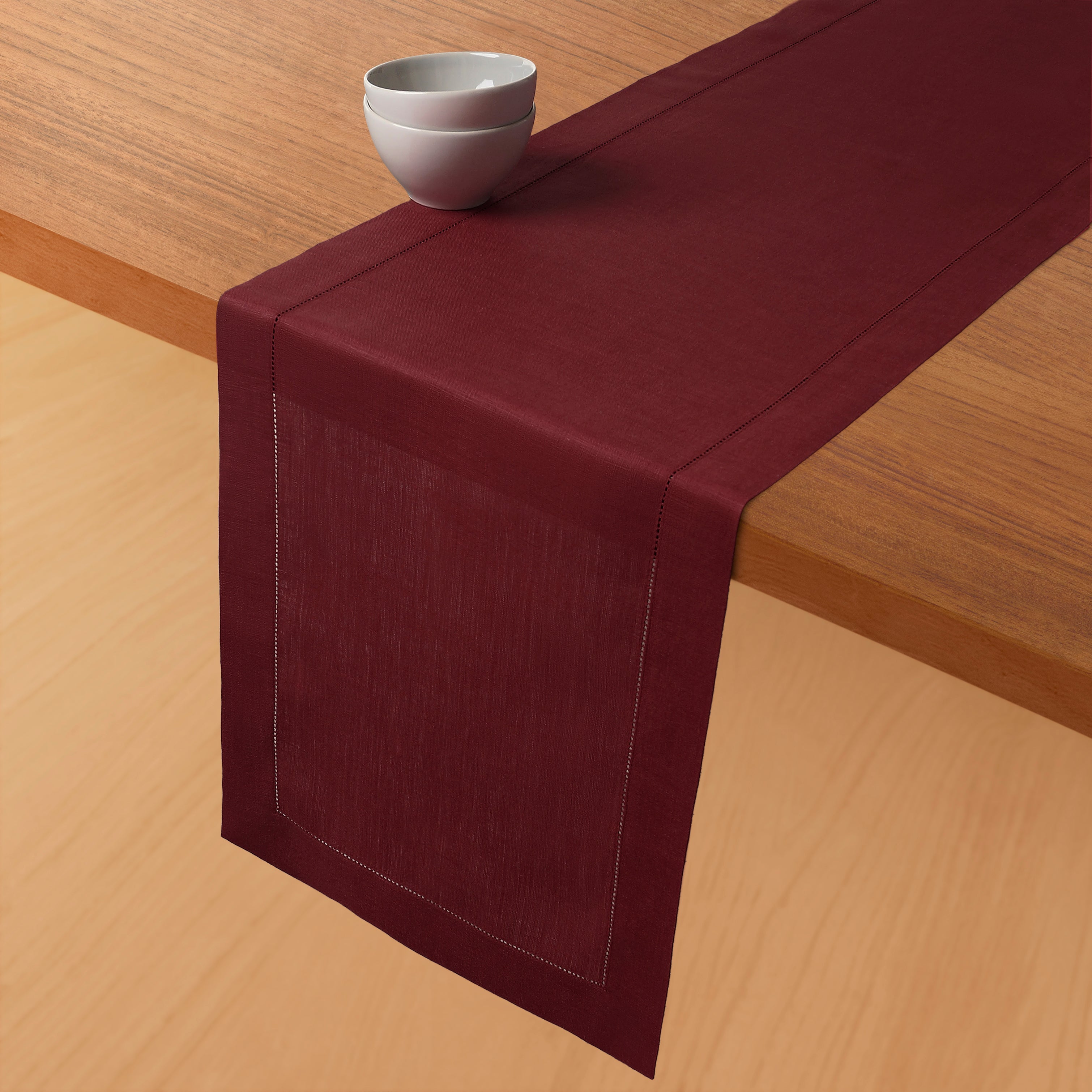 Dark Red Linen Table Runner, Hemstitch