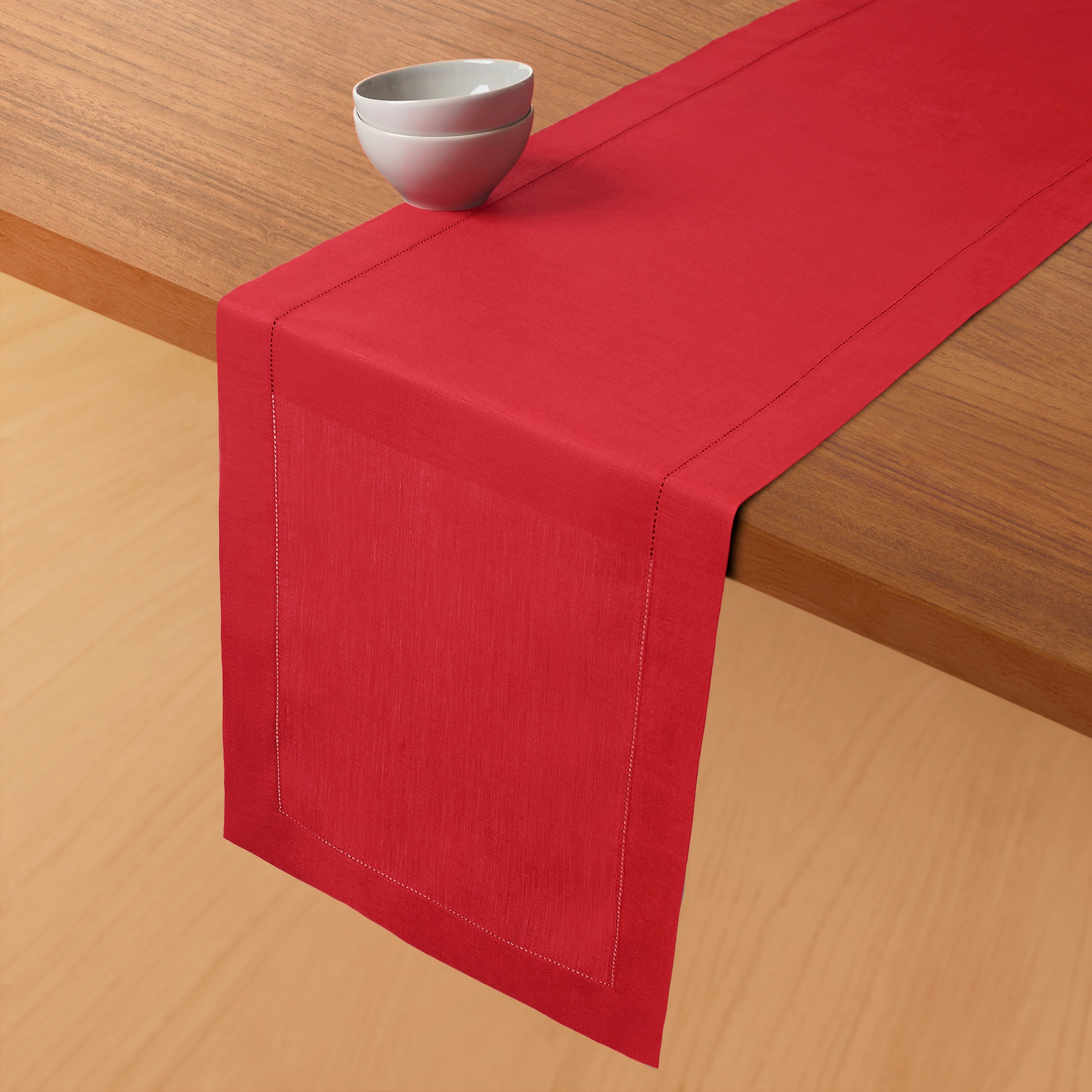 Bright Red Linen Table Runner, Hemstitch