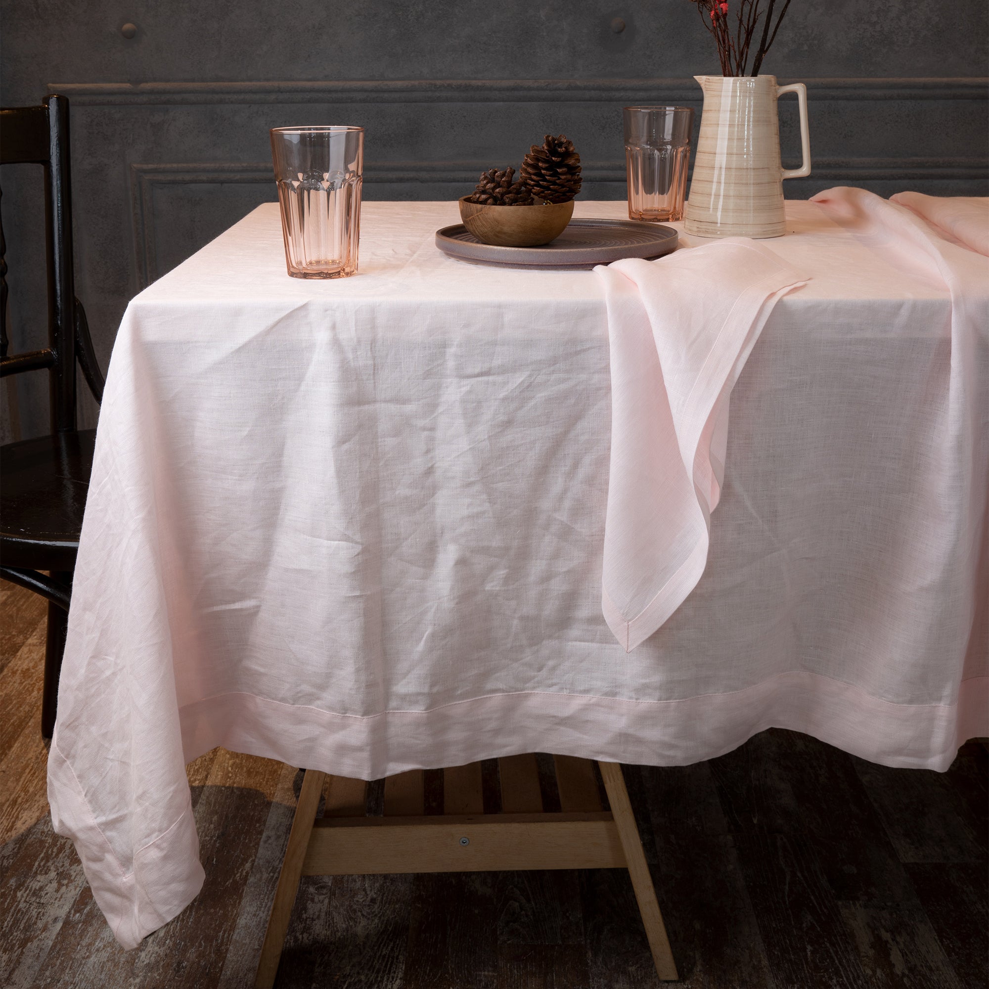 Pastel Pink Linen Tablecloth, Hemmed