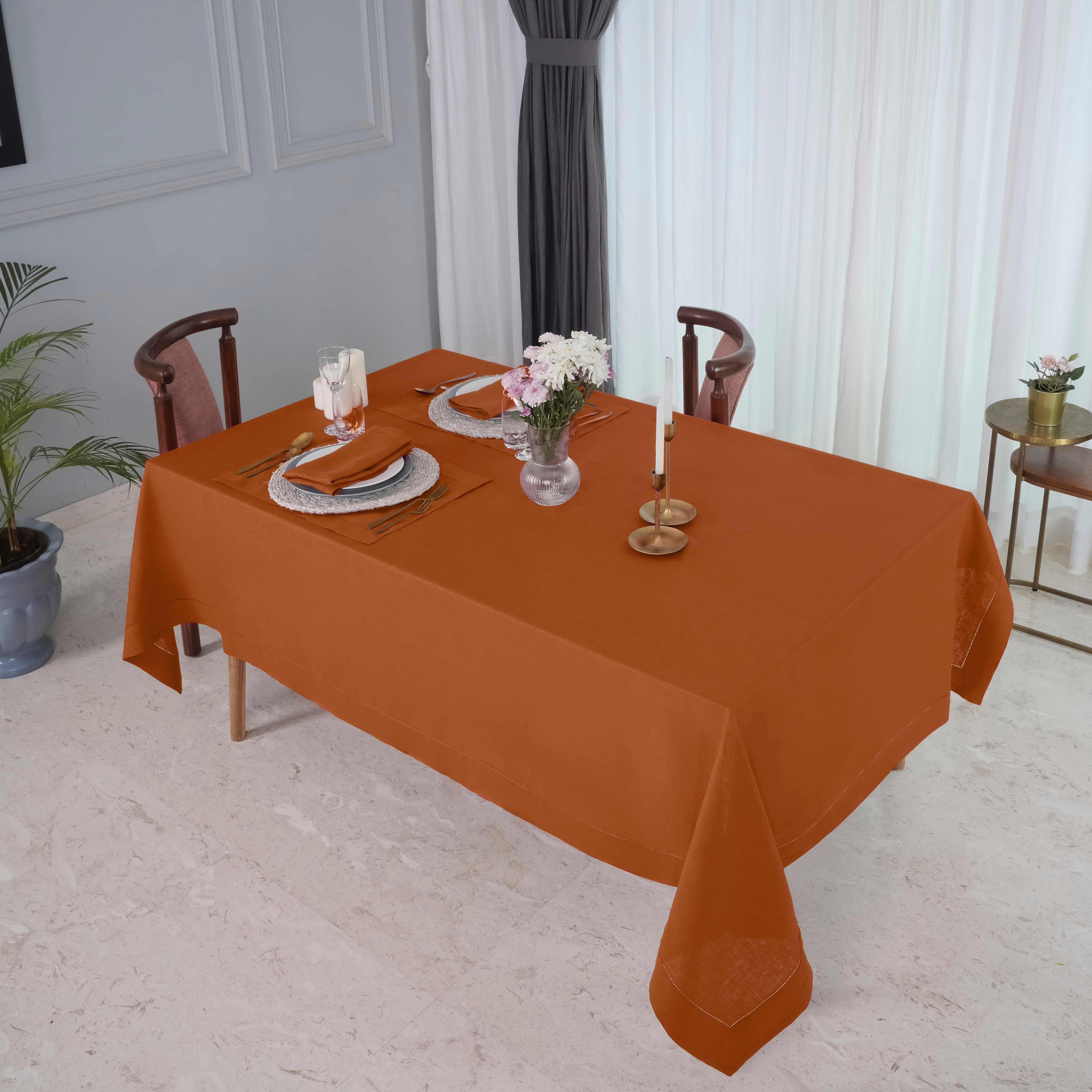 Rust Linen Tablecloth, Hemstitch