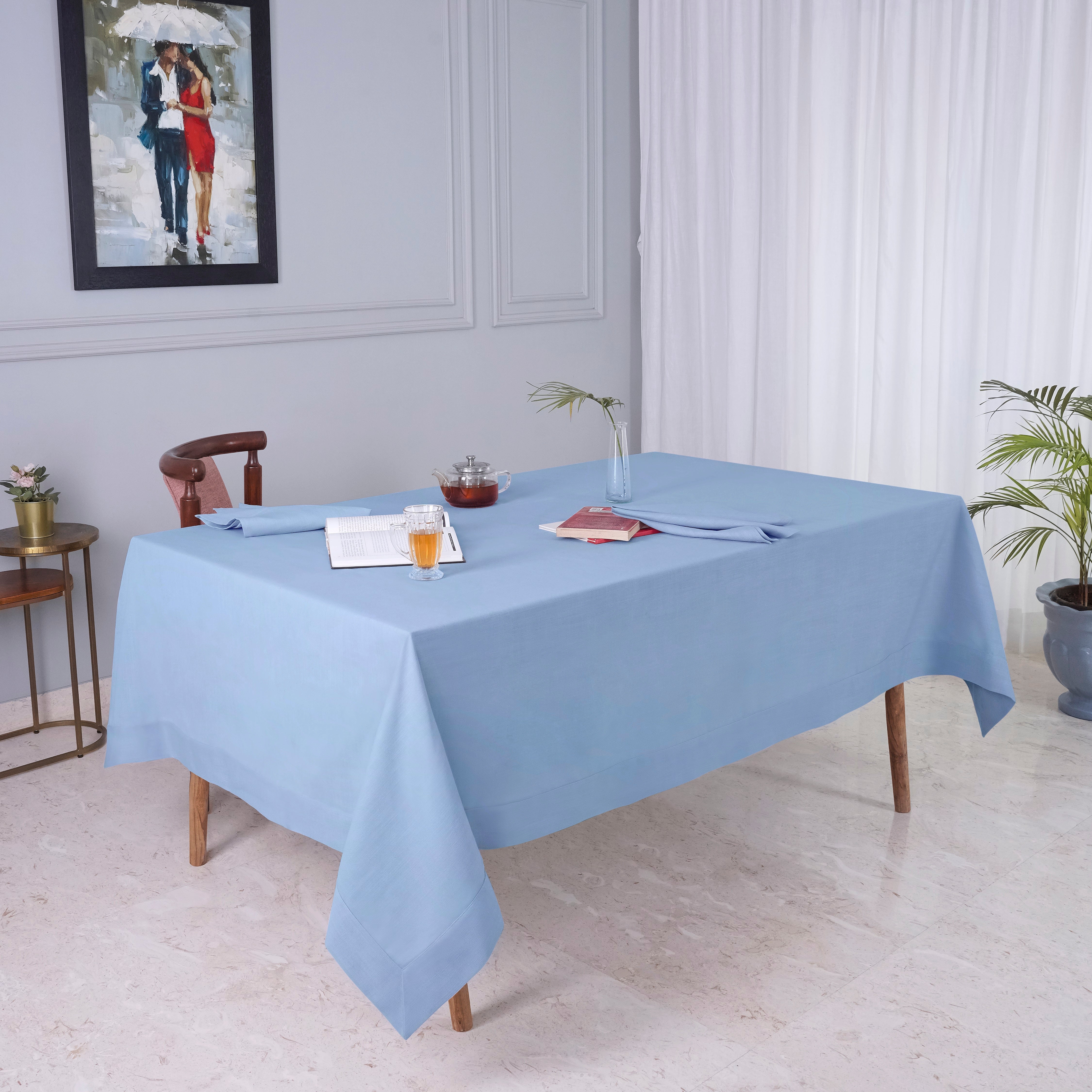 Light Blue Tablecloth, Faux Linen, Mitered Corner