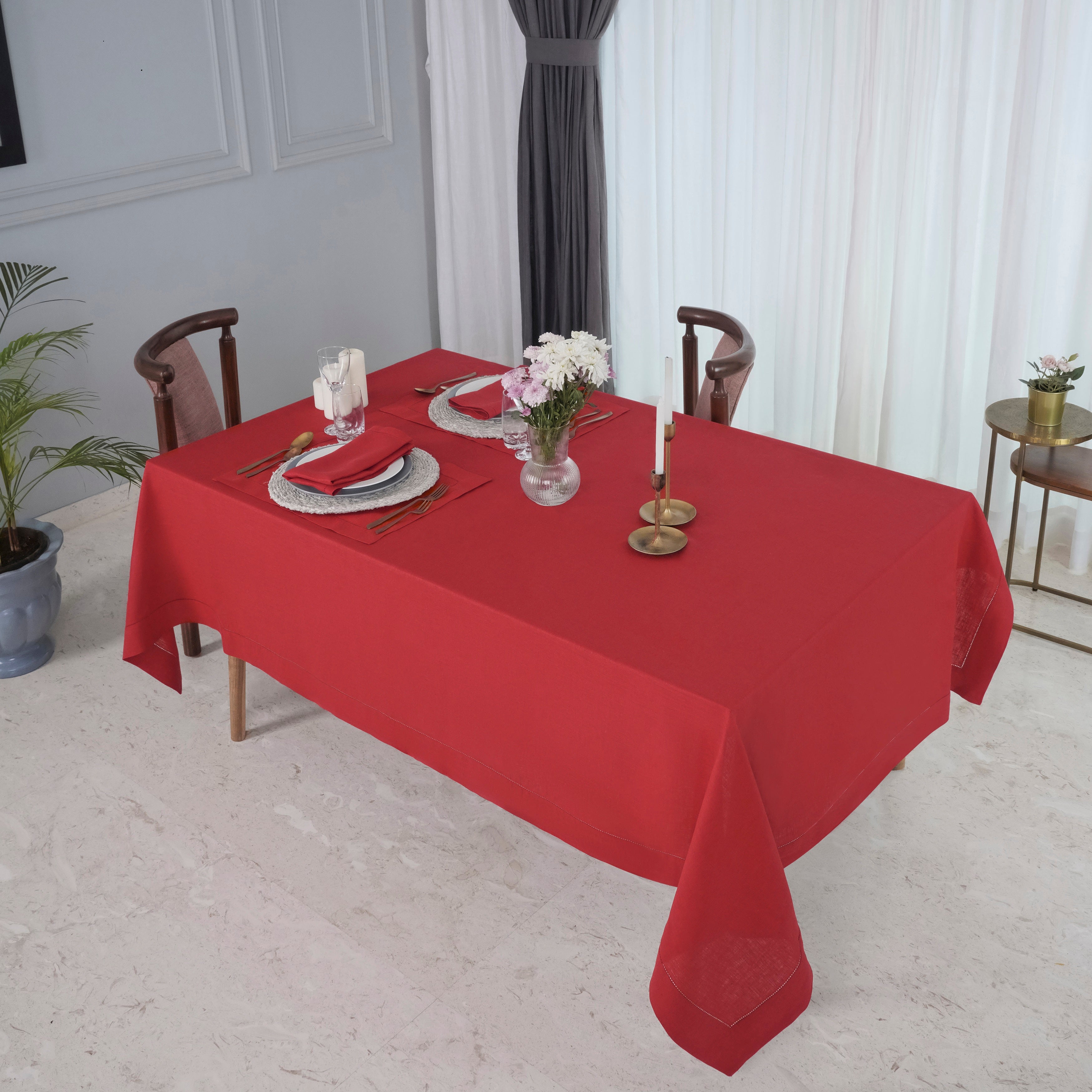 Bright Red Linen Tablecloth, Hemstitch