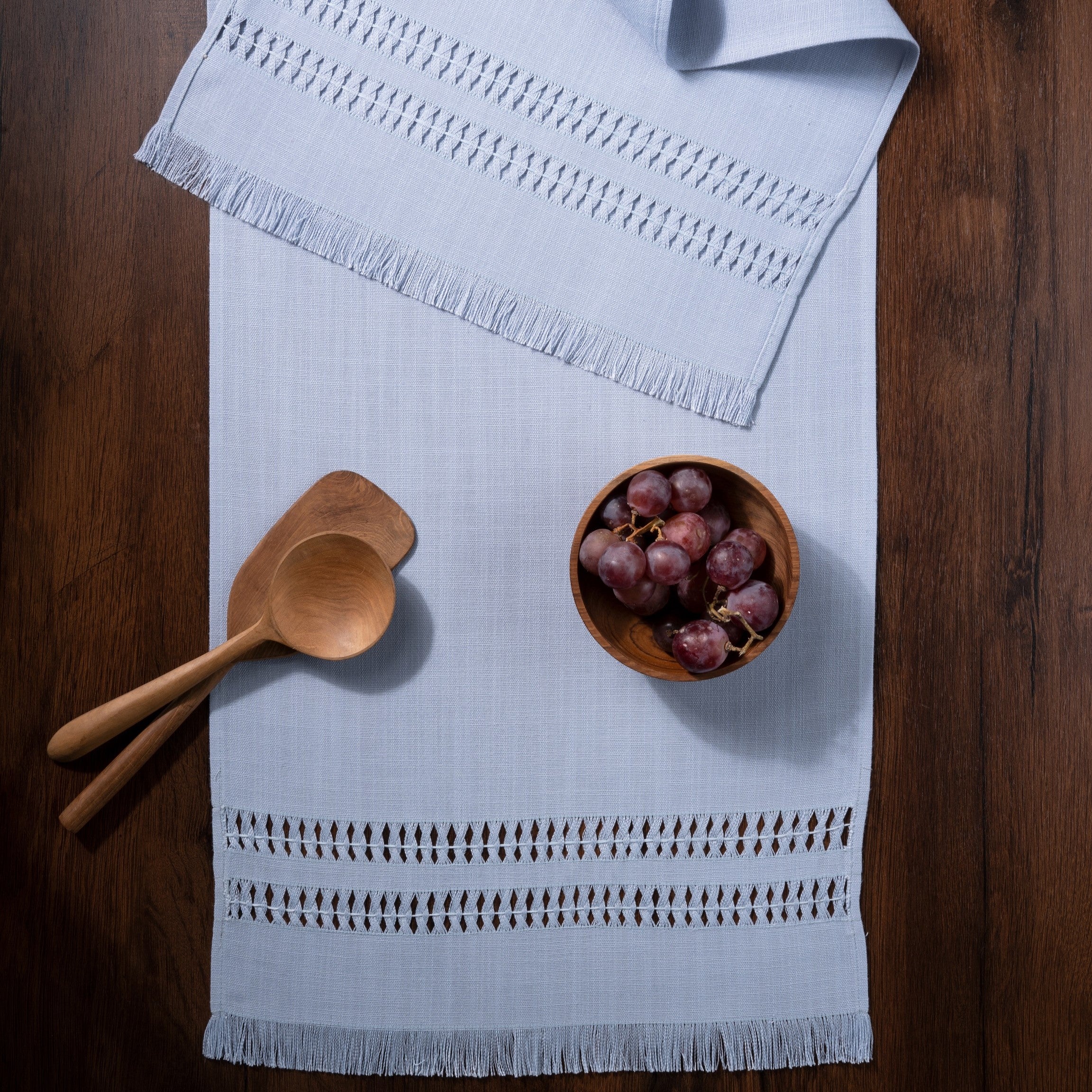 Light Blue Table Runner, Faux Linen, Hand Hemstitch