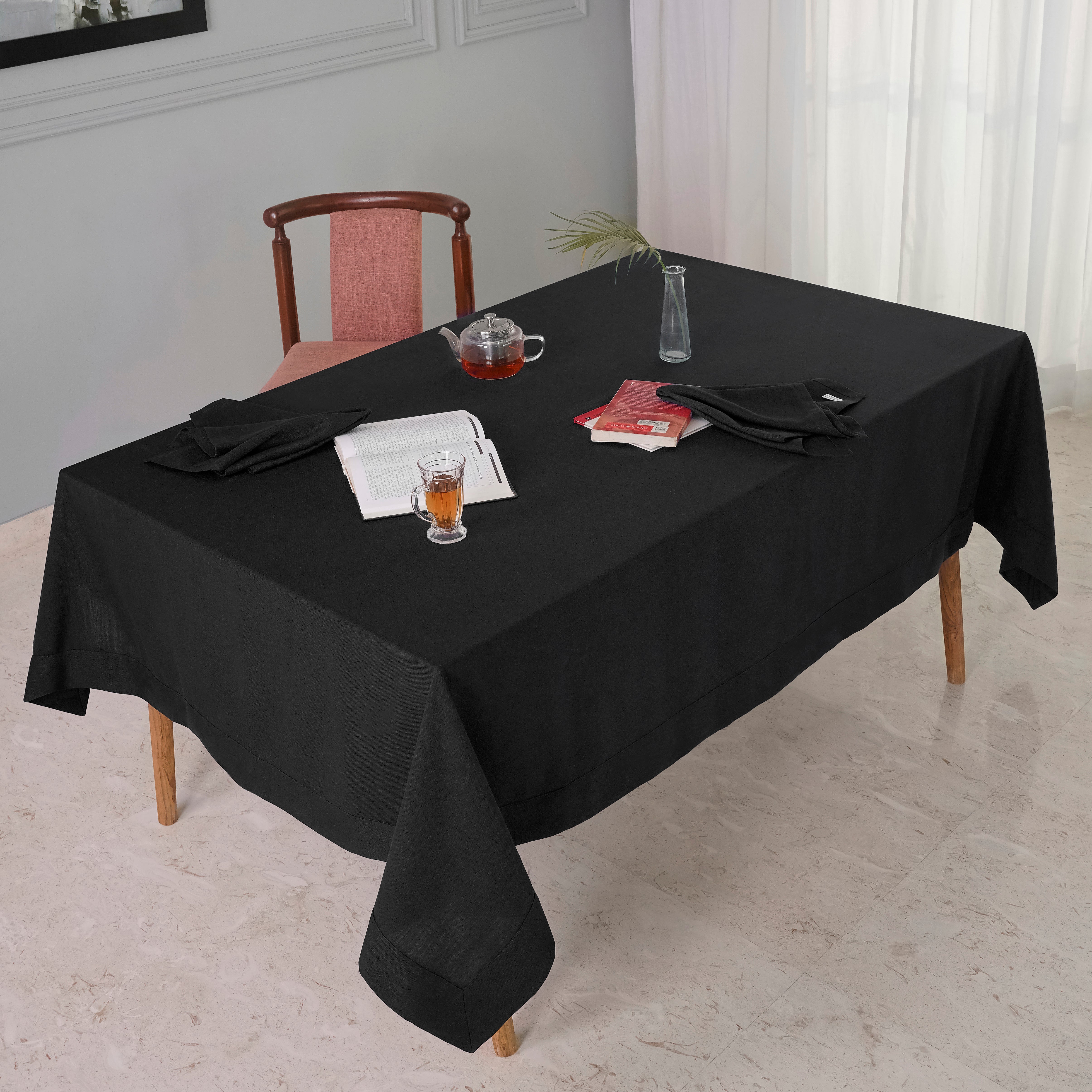 Black Tablecloth, Faux Linen, Mitered Corner