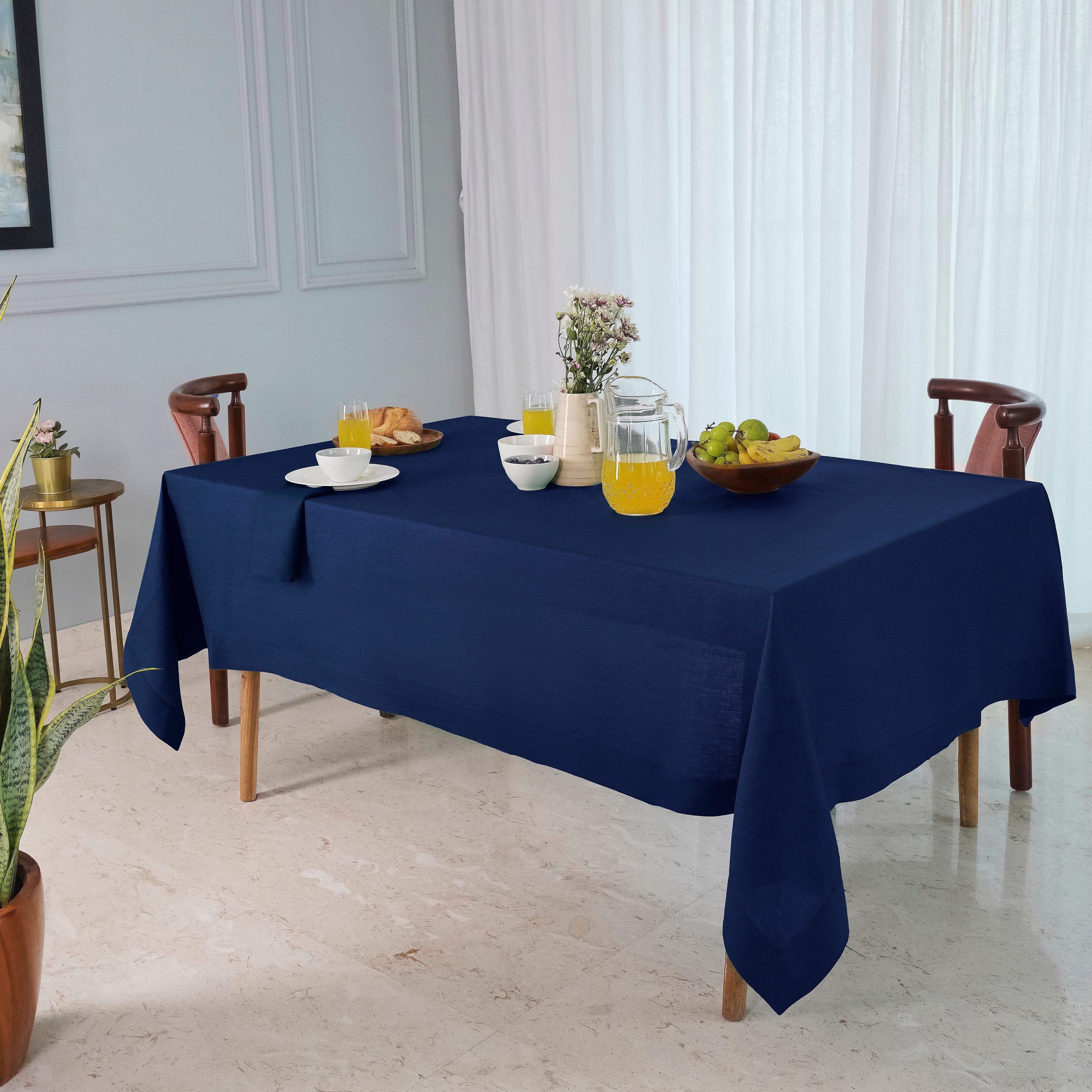 Navy Blue Linen Tablecloth, Hemstitch