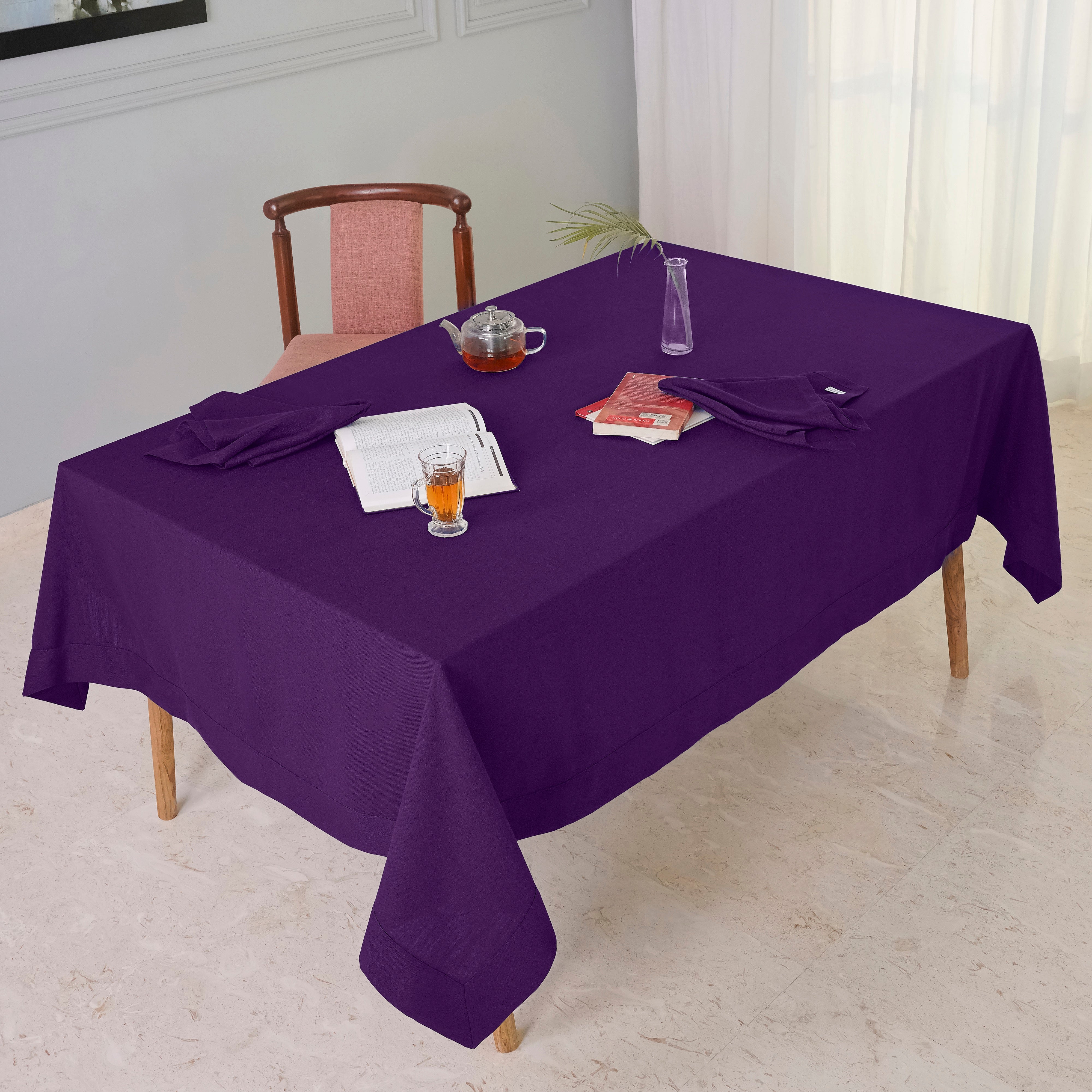 Purple Tablecloth, Faux Linen, Mitered Corner