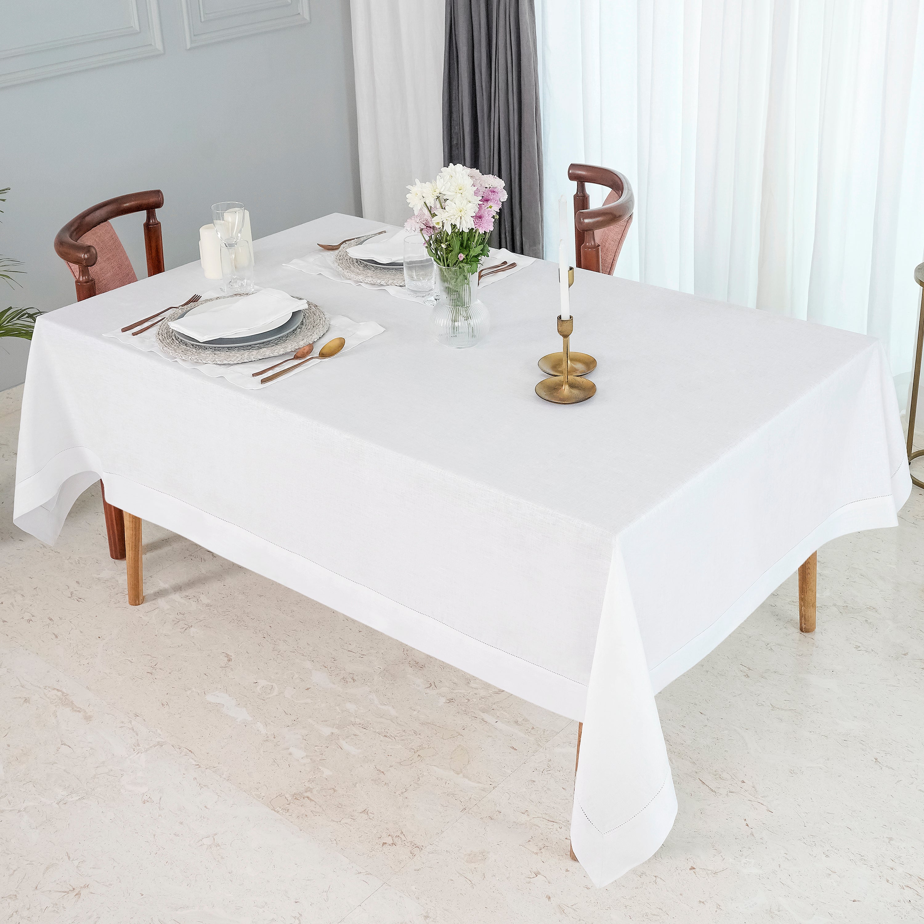 White Linen Tablecloth, Hemstitch