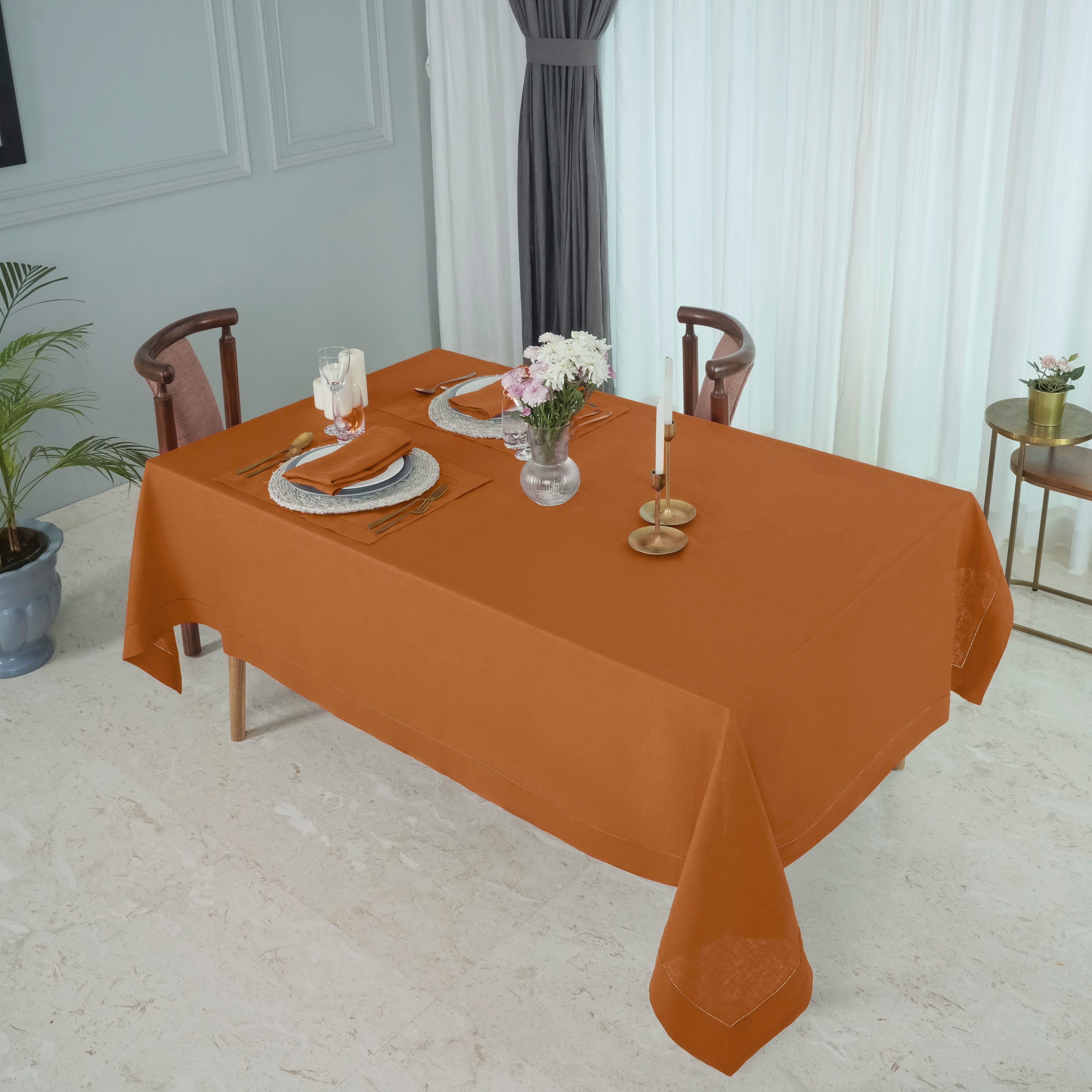 Rust Linen Tablecloth, Hemstitch