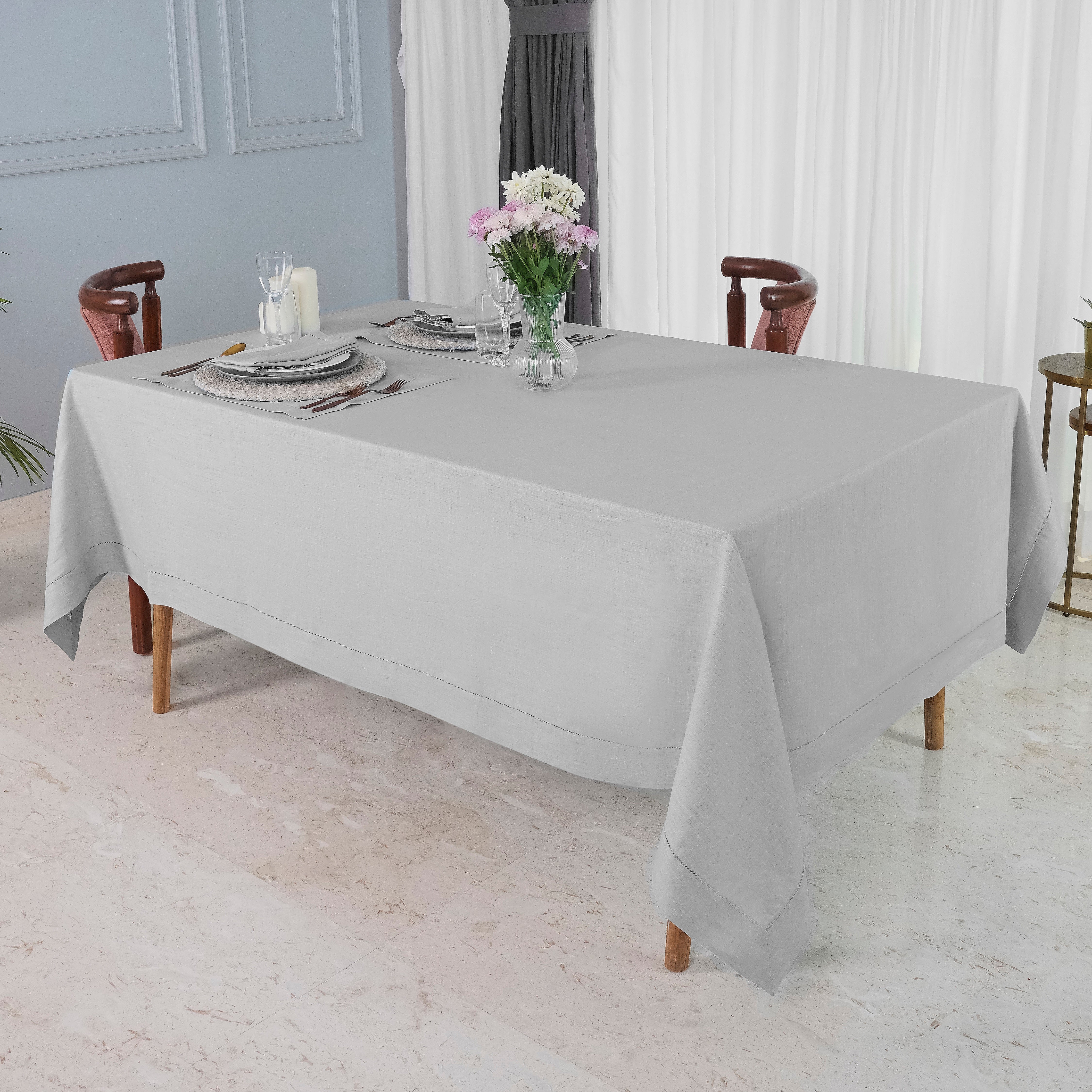 Silver Grey Linen Tablecloth, Hemstitch