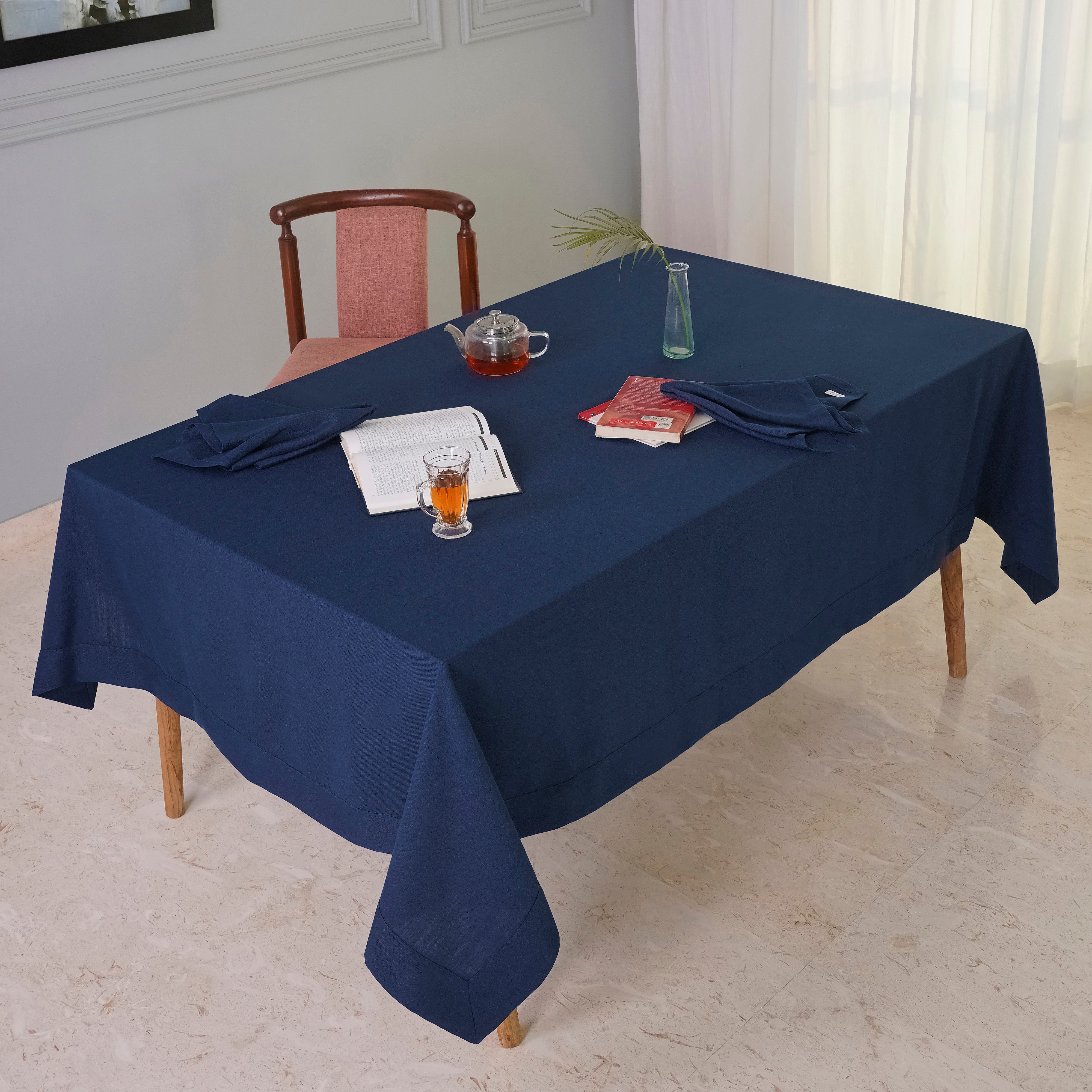 Navy Blue Tablecloth, Faux Linen, Mitered Corner