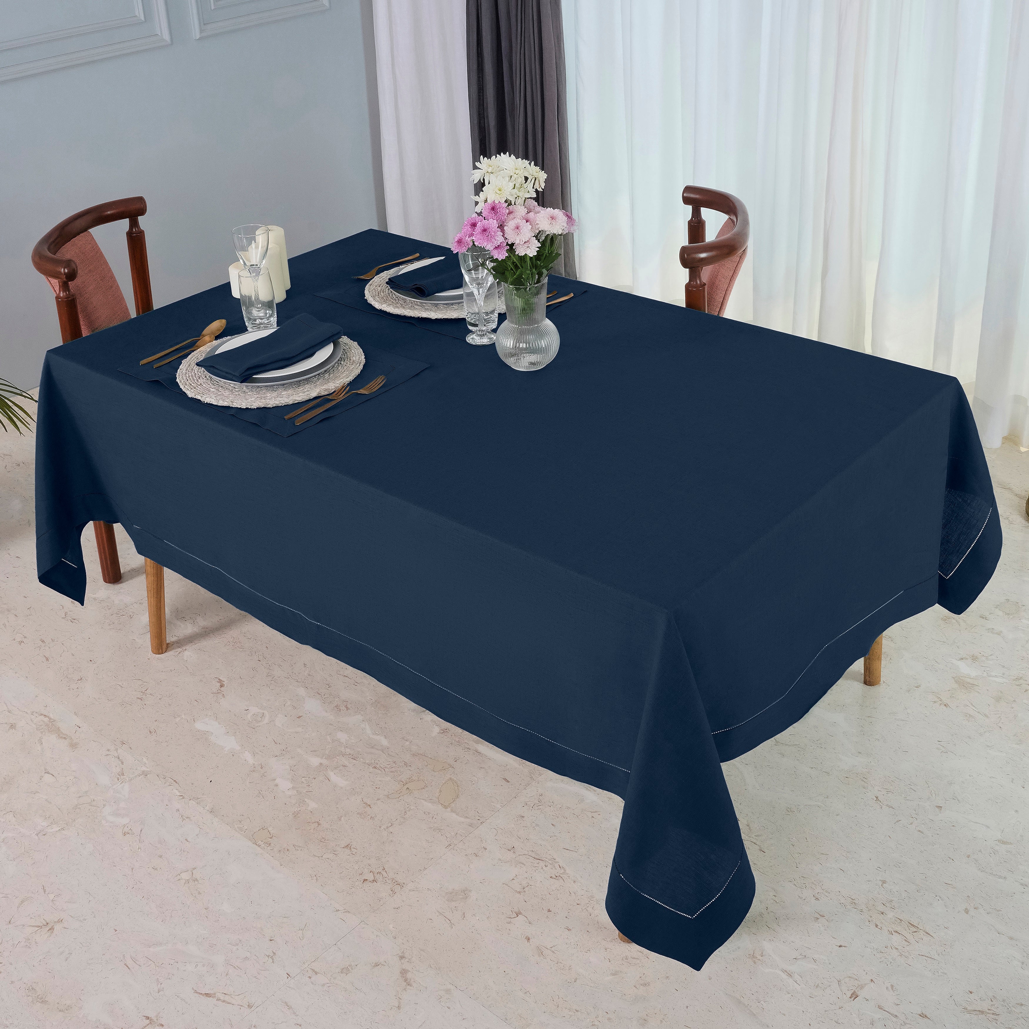 Navy Blue Linen Tablecloth, Hemstitch
