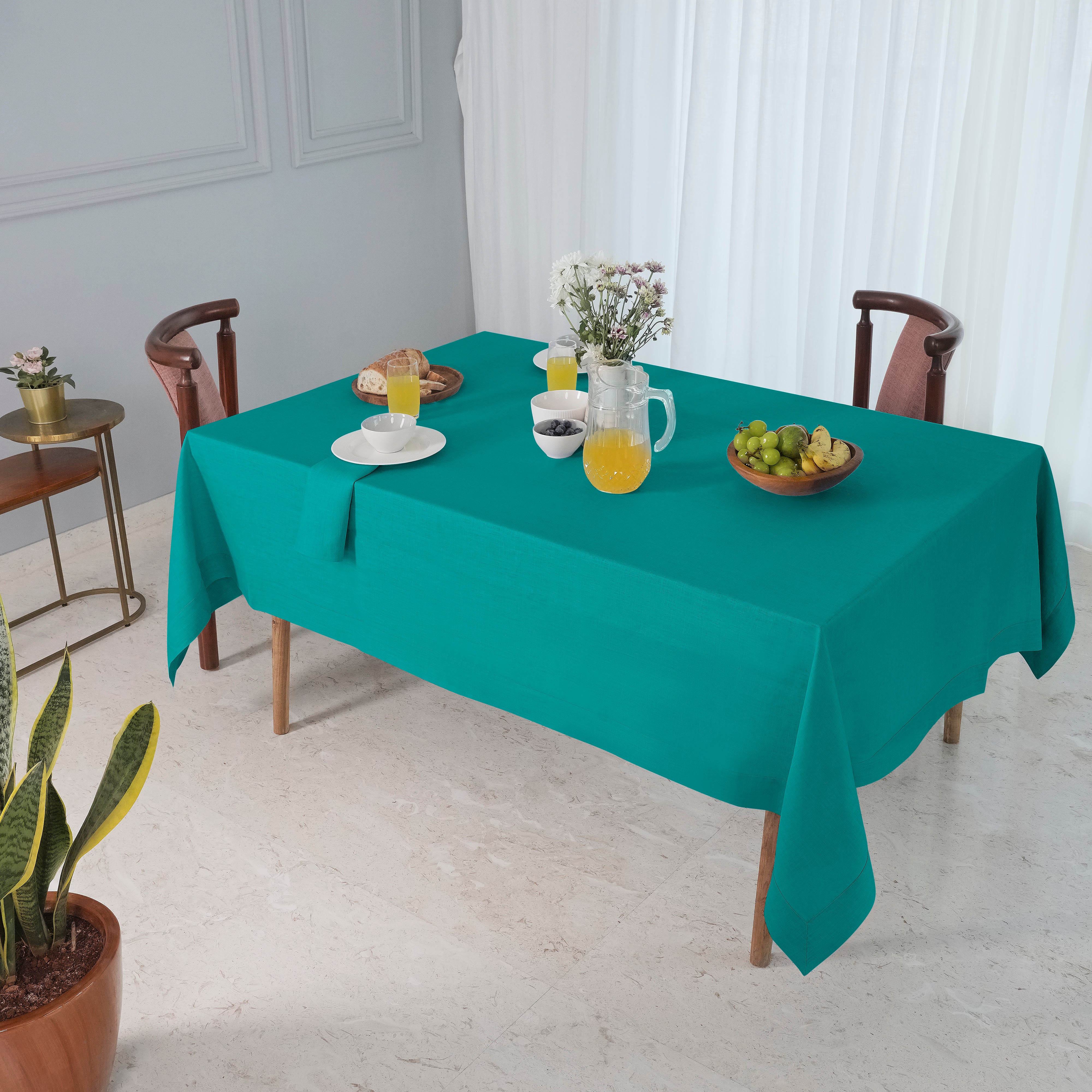 Teal Blue Linen Tablecloth, Hemmed