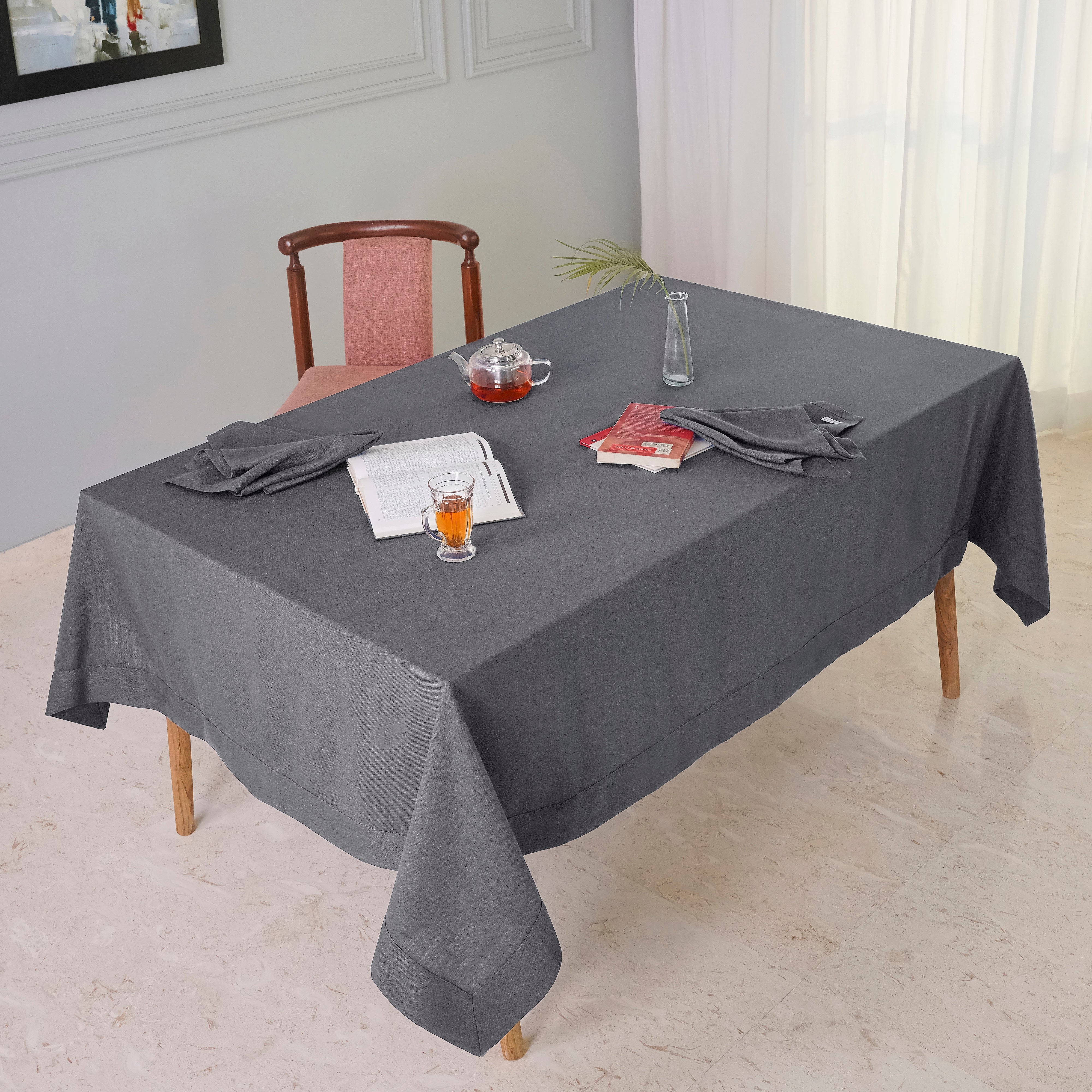 Charcoal Grey Tablecloth, Faux Linen, Mitered Corner