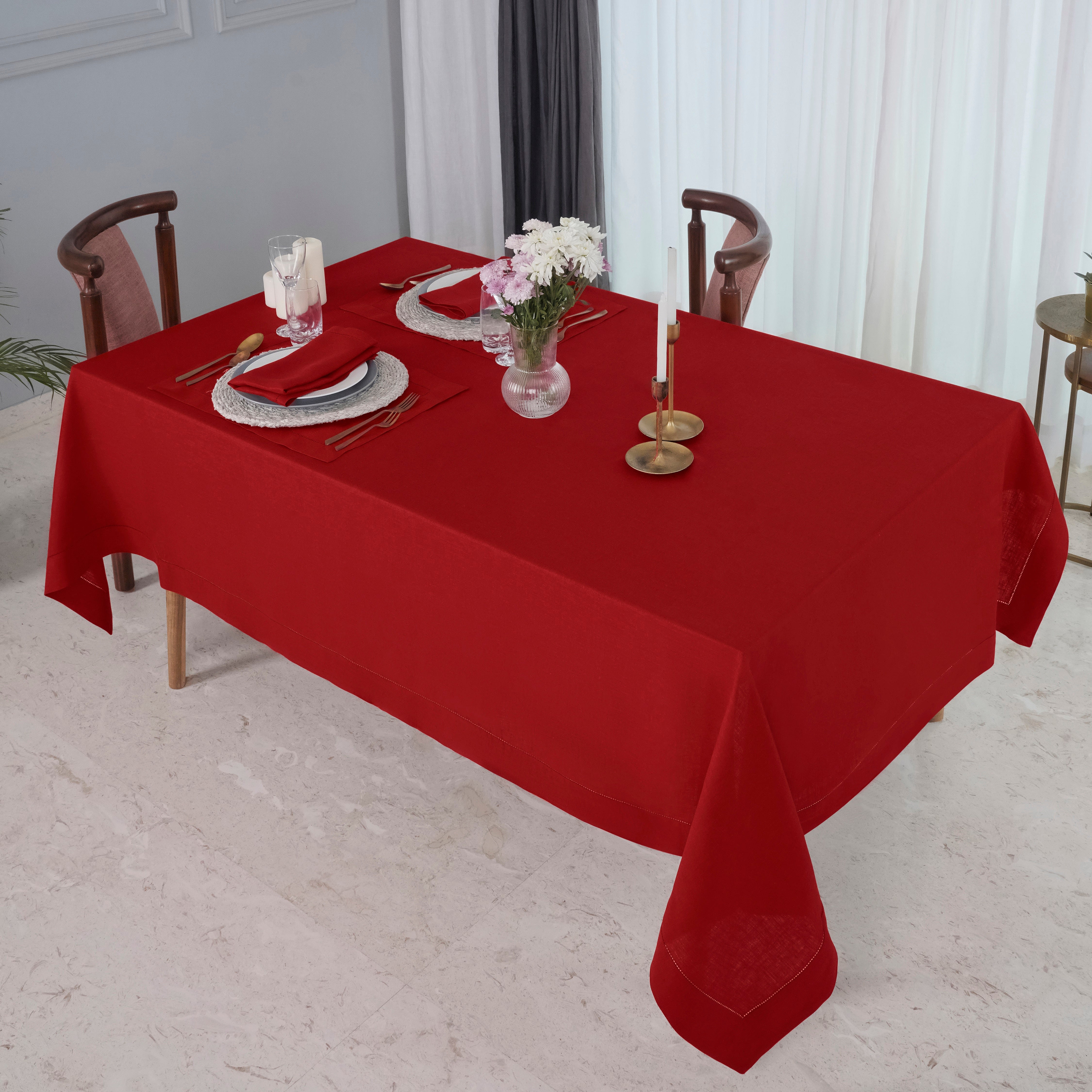 Red Linen Tablecloth, Hemstitch