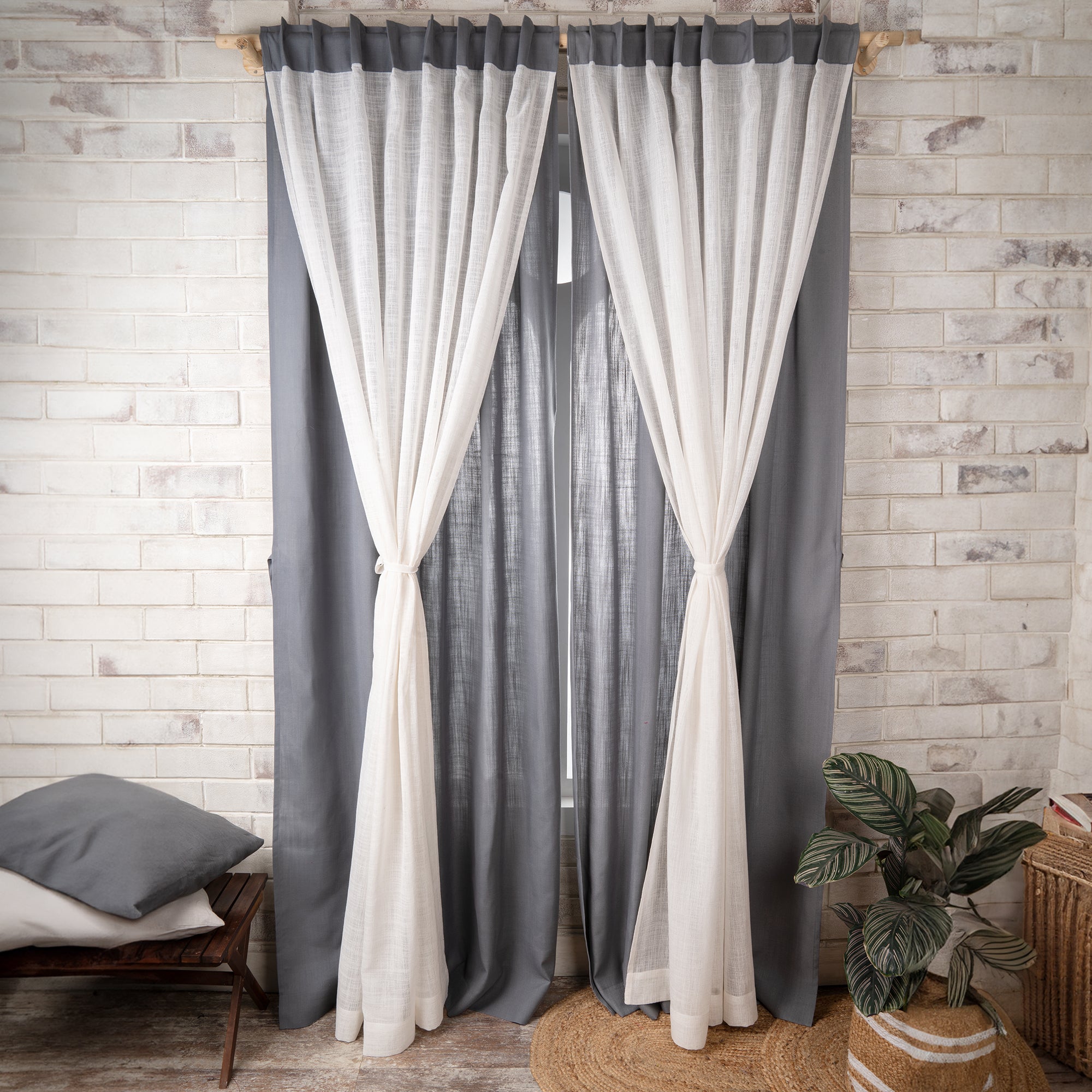 Charcoal Grey Faux Linen with Sheer Jute Overlay Curtain