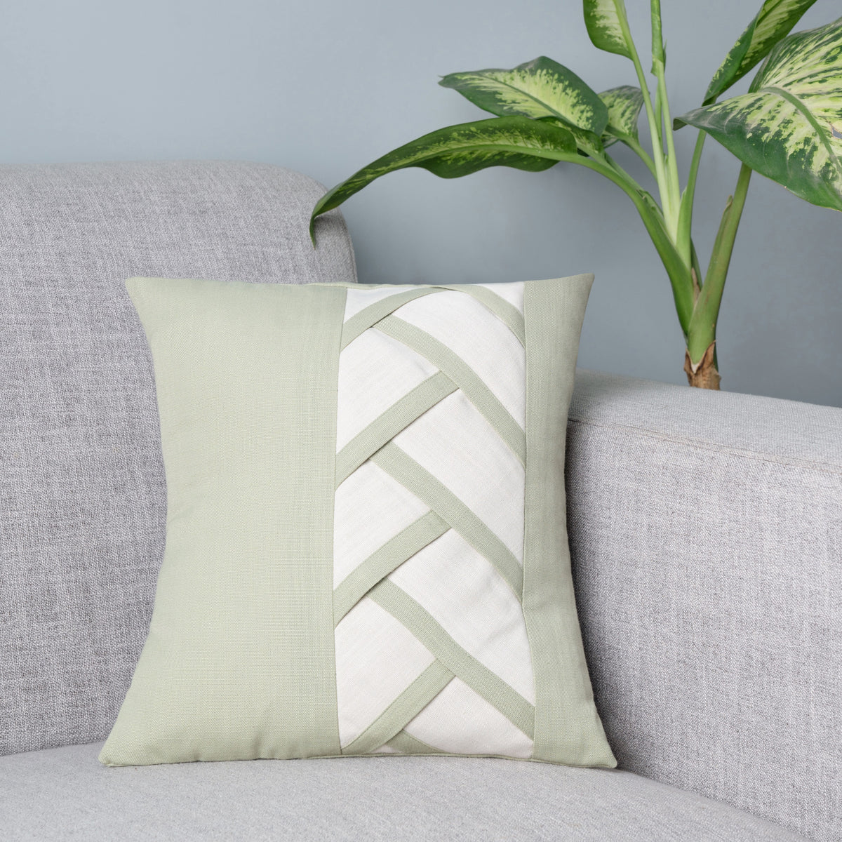 Sage Green and Ivory Criss Cross Design Square Cushion Cover | Set of 4