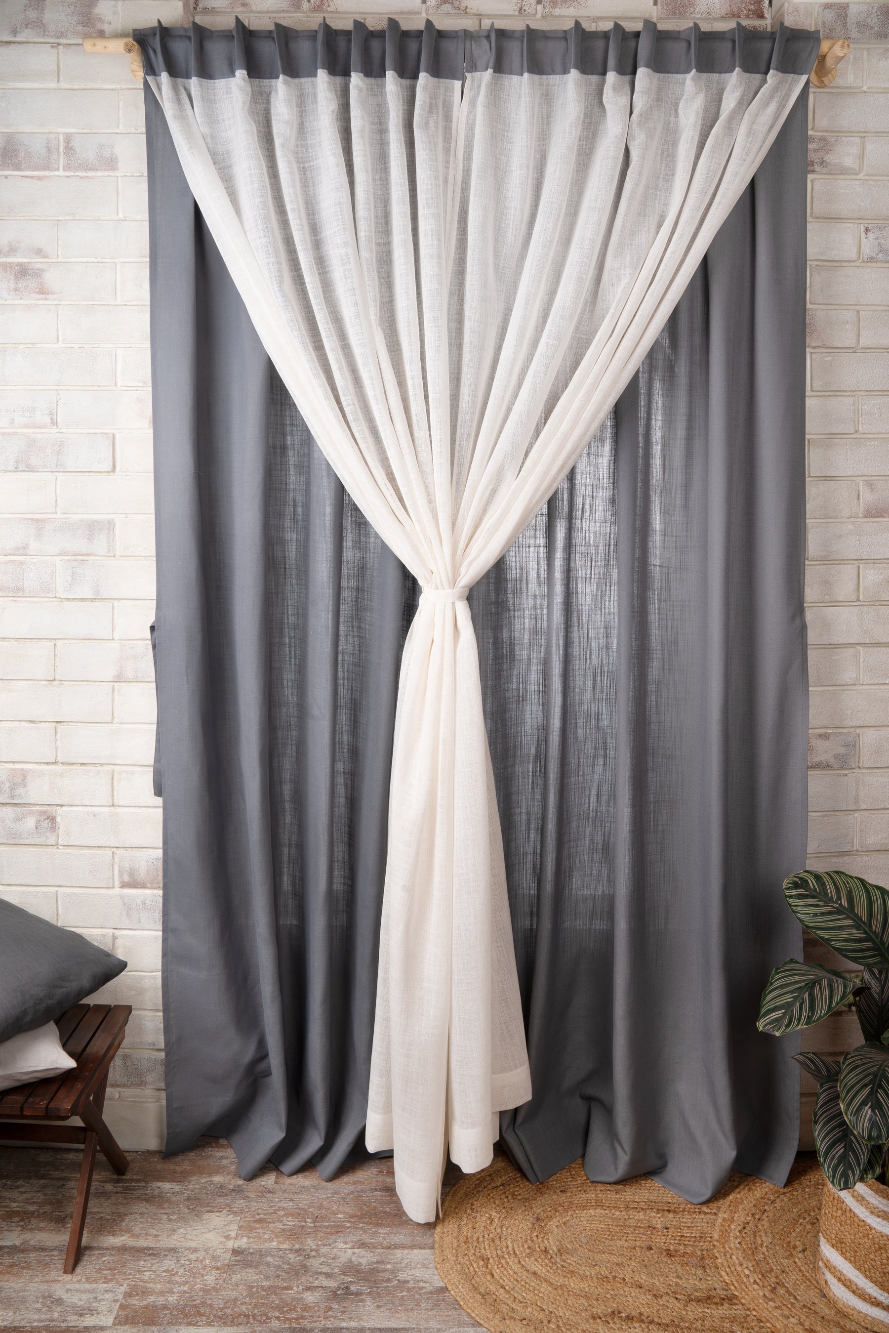 Charcoal Grey Linen Look with Sheer Jute Overlay Curtains | 1 Panel