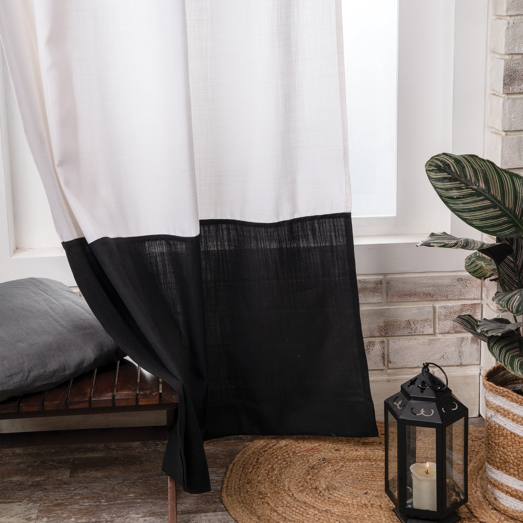 White and Black Faux Linen Color Block Curtain