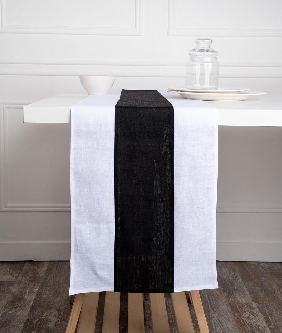 White and Black Linen Table Runner - Splicing