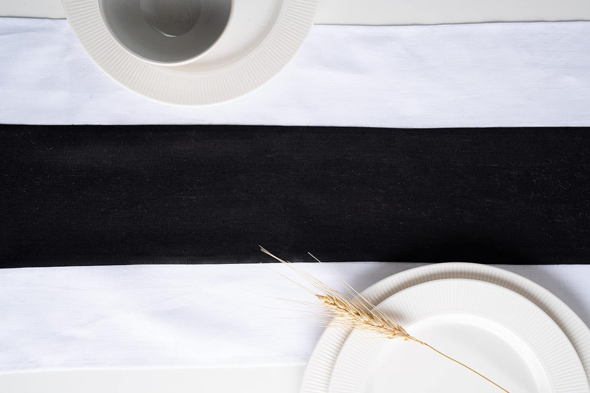 White and Black Linen Table Runner - Splicing